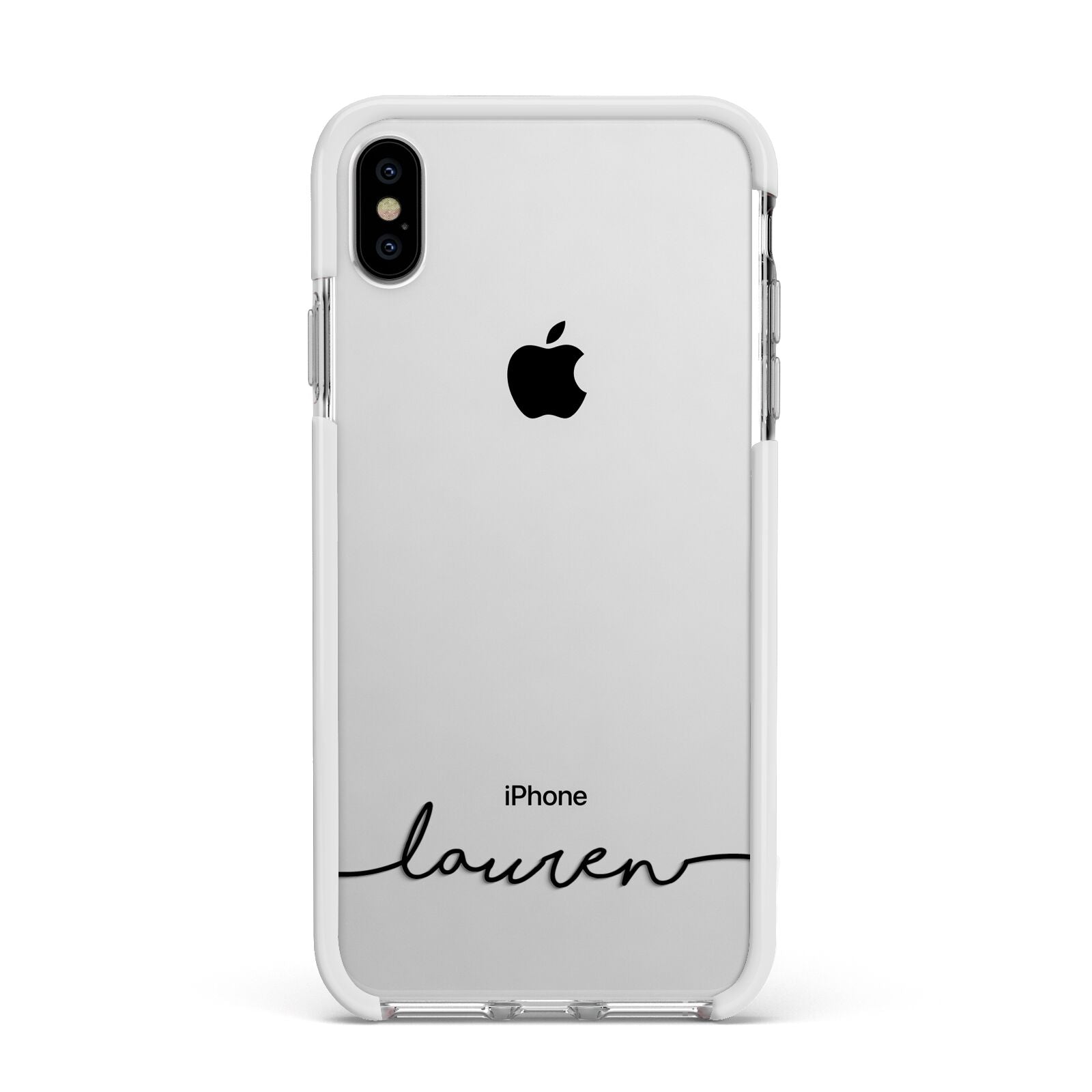 Personalised Black Name Handwriting Clear Custom Apple iPhone Xs Max Impact Case White Edge on Silver Phone