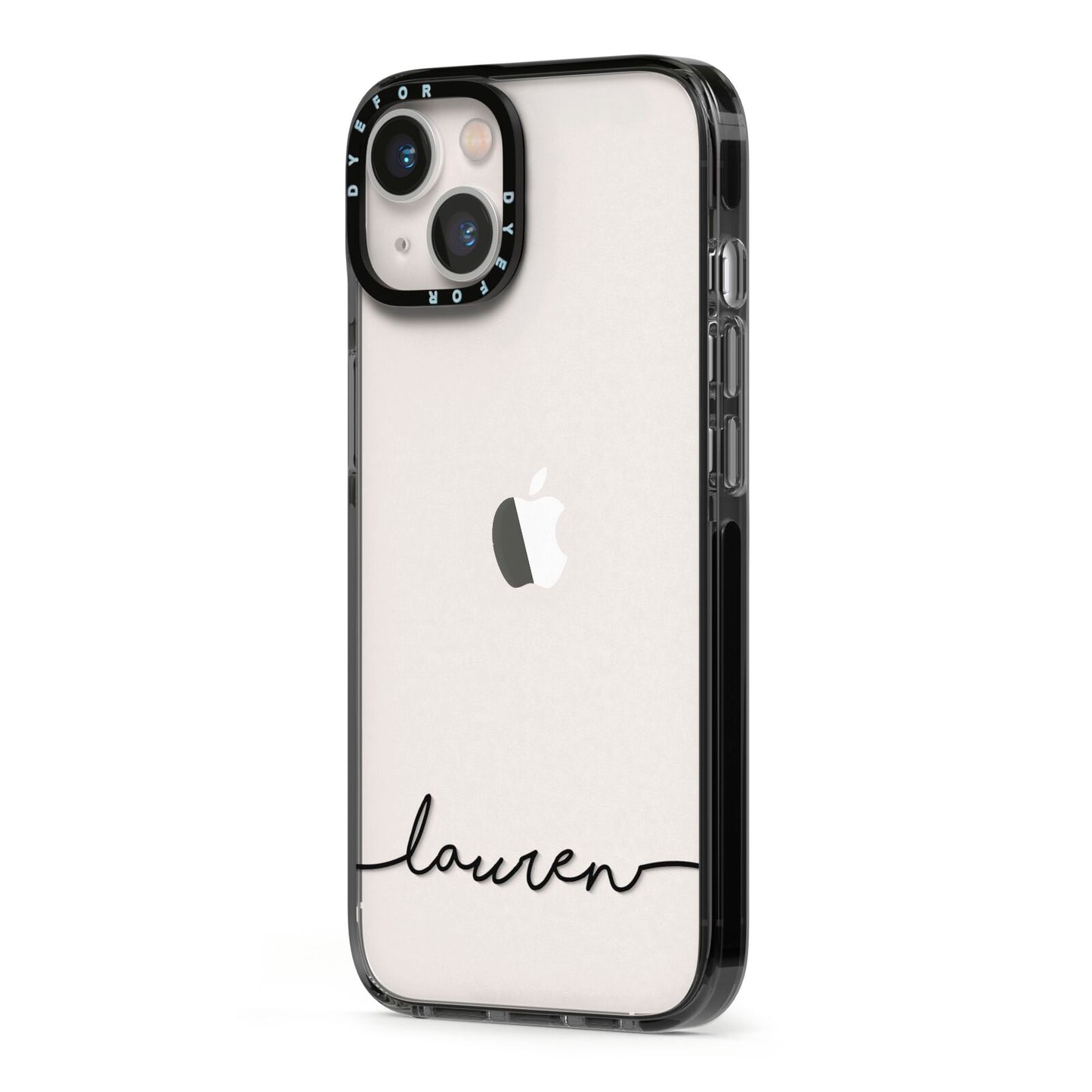 Personalised Black Name Handwriting Clear Custom iPhone 13 Black Impact Case Side Angle on Silver phone