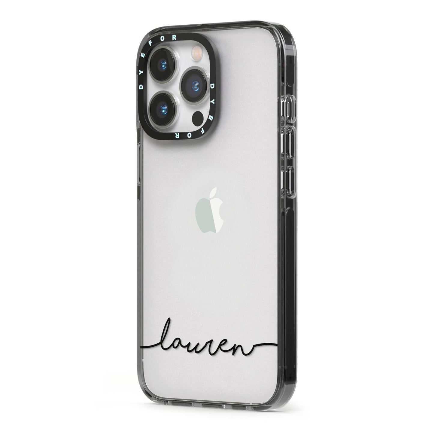 Personalised Black Name Handwriting Clear Custom iPhone 13 Pro Black Impact Case Side Angle on Silver phone