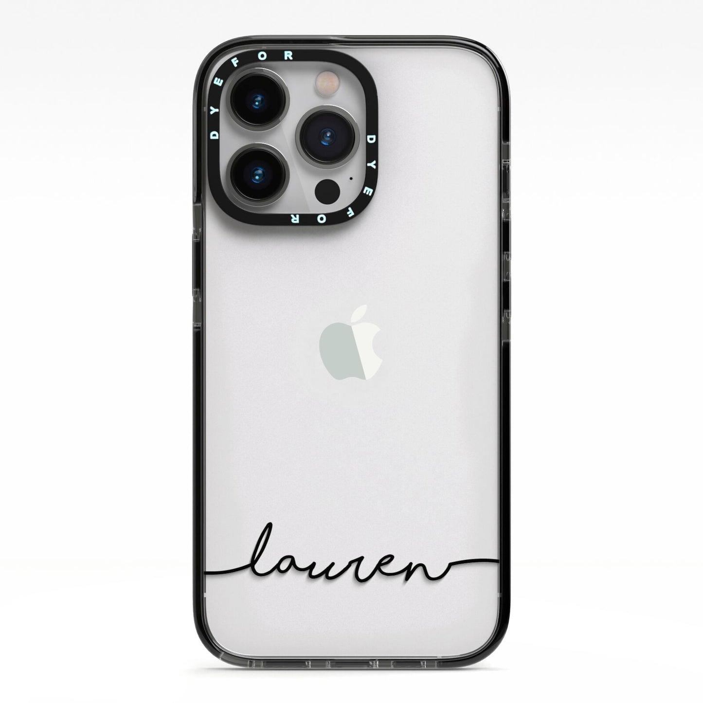 Personalised Black Name Handwriting Clear Custom iPhone 13 Pro Black Impact Case on Silver phone