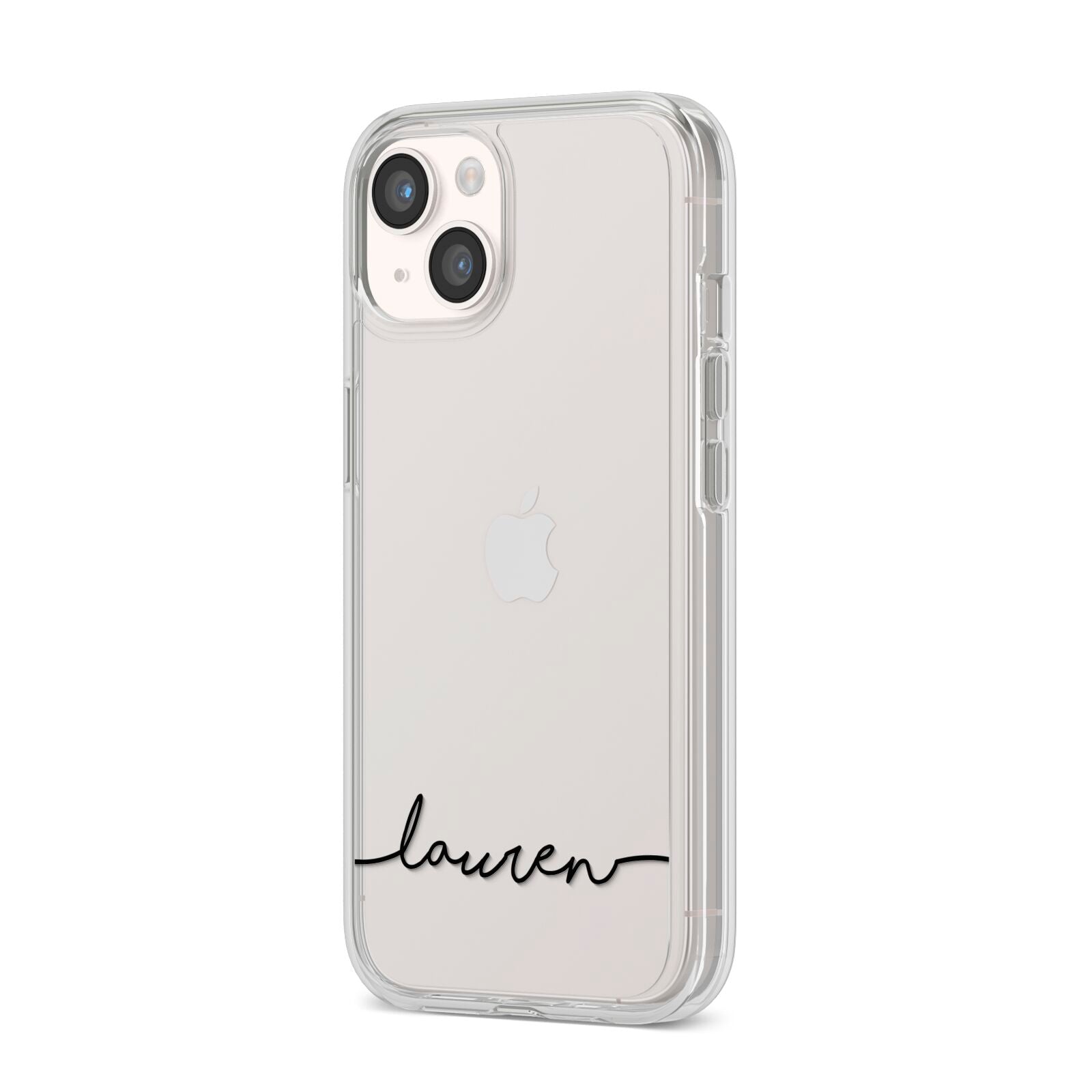 Personalised Black Name Handwriting Clear Custom iPhone 14 Clear Tough Case Starlight Angled Image