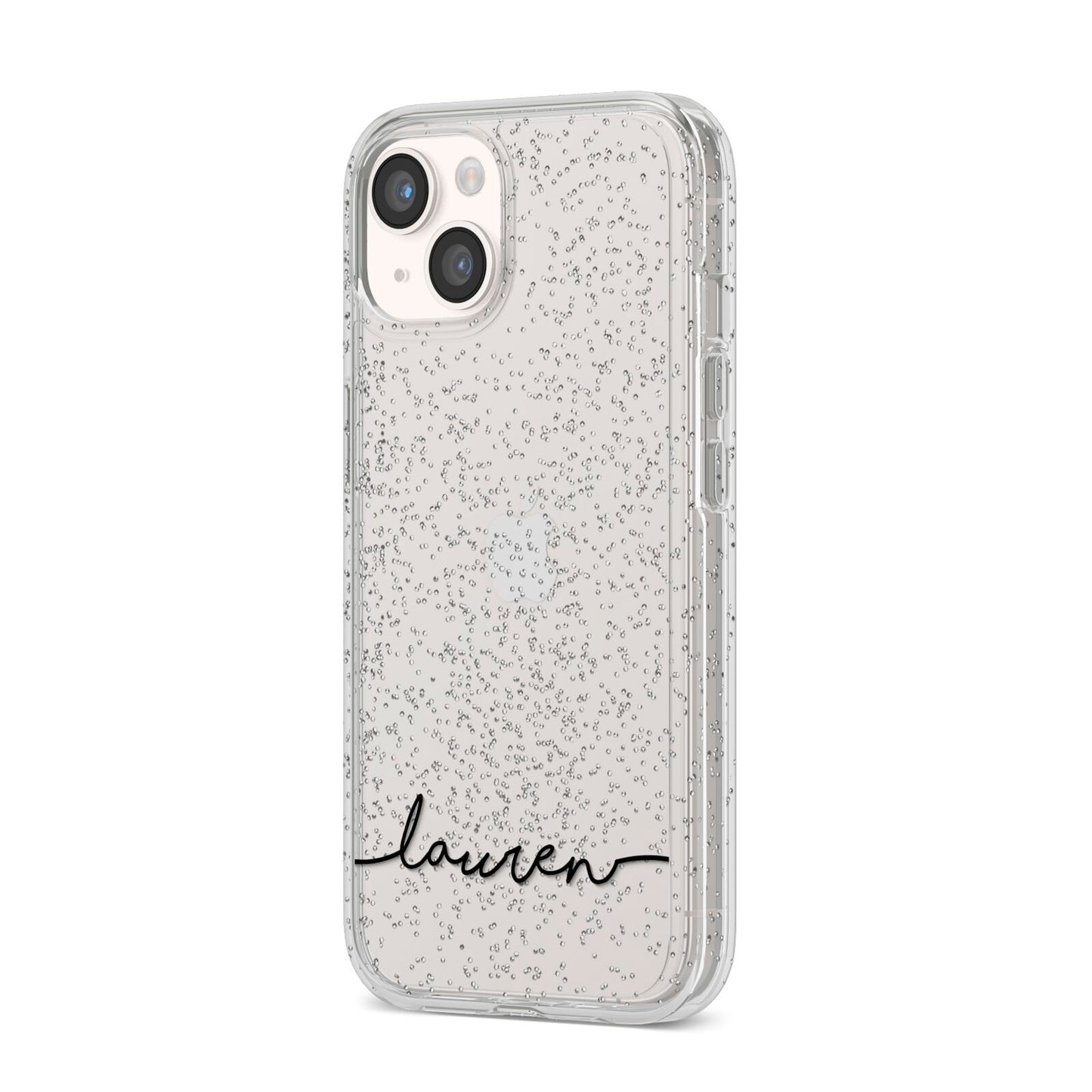 Personalised Black Name Handwriting Clear Custom iPhone 14 Glitter Tough Case Starlight Angled Image