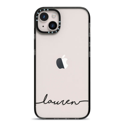Personalised Black Name Handwriting Clear Custom iPhone 14 Plus Black Impact Case on Silver phone
