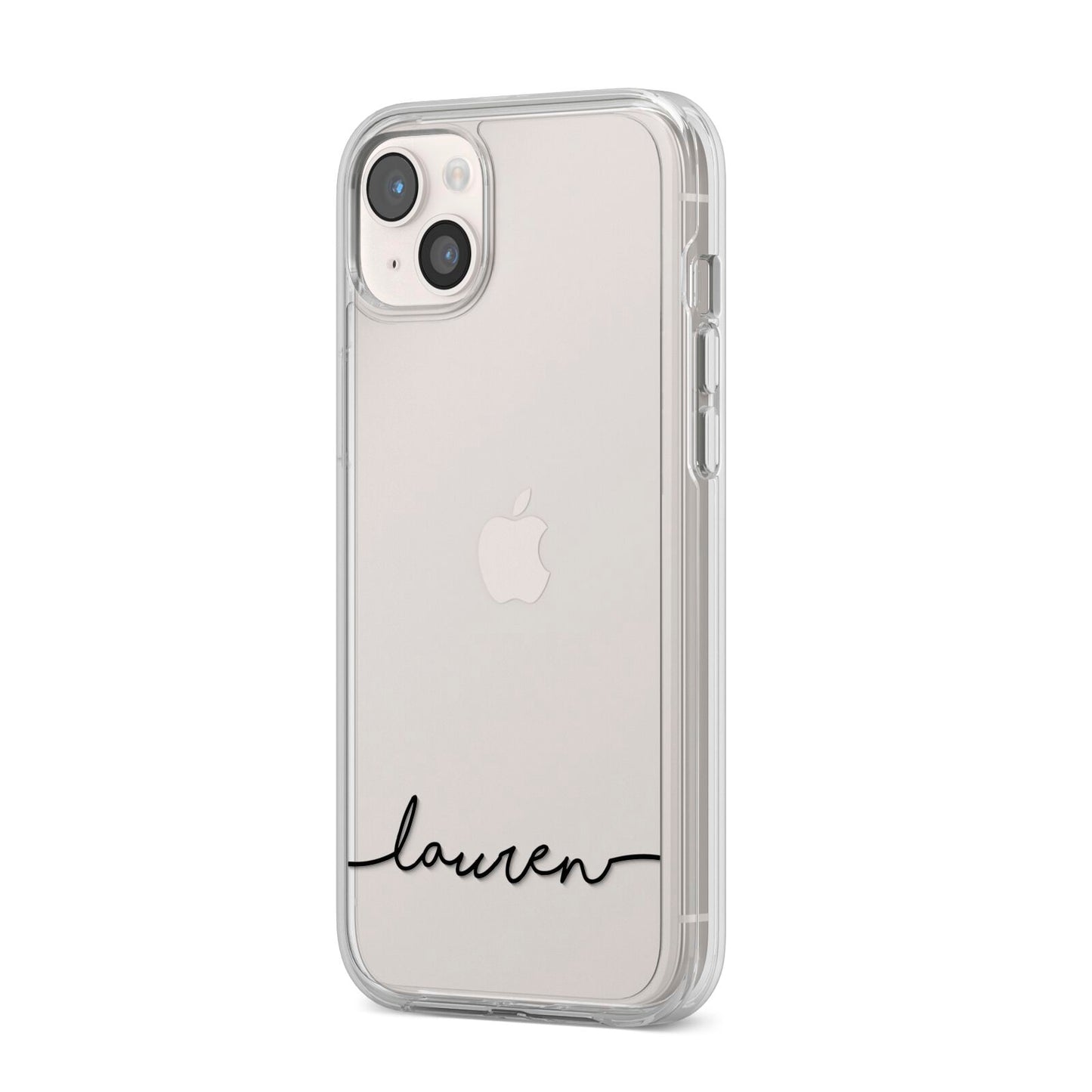 Personalised Black Name Handwriting Clear Custom iPhone 14 Plus Clear Tough Case Starlight Angled Image