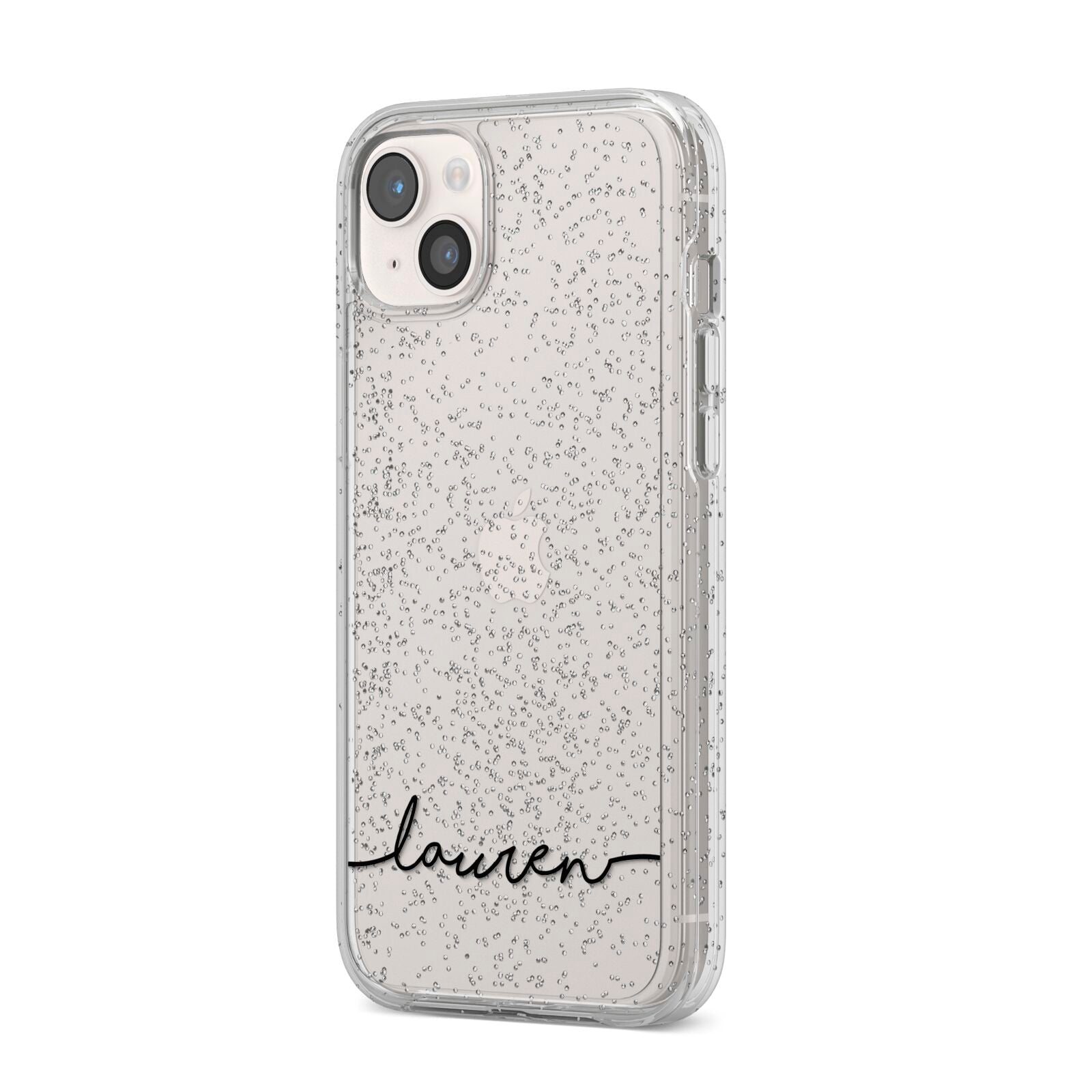 Personalised Black Name Handwriting Clear Custom iPhone 14 Plus Glitter Tough Case Starlight Angled Image