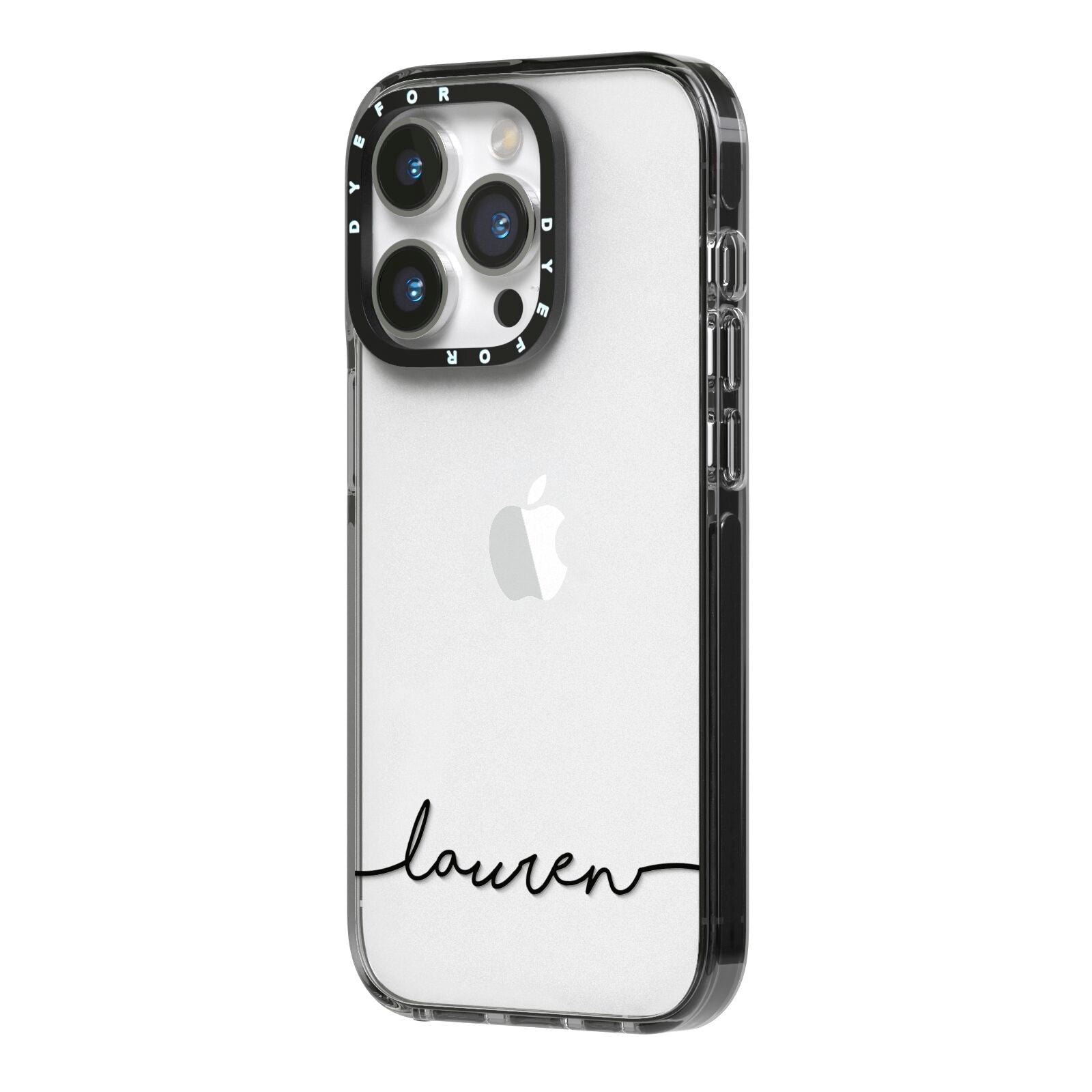 Personalised Black Name Handwriting Clear Custom iPhone 14 Pro Black Impact Case Side Angle on Silver phone