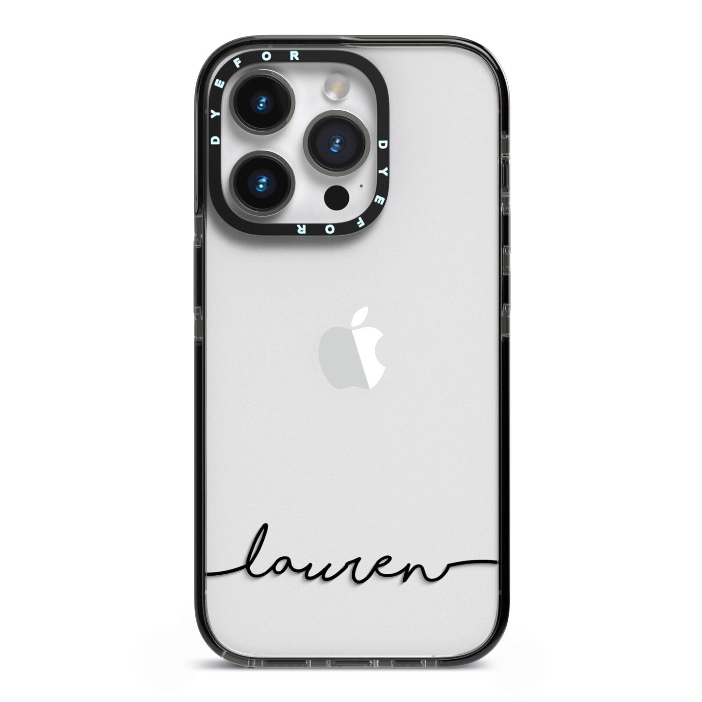 Personalised Black Name Handwriting Clear Custom iPhone 14 Pro Black Impact Case on Silver phone
