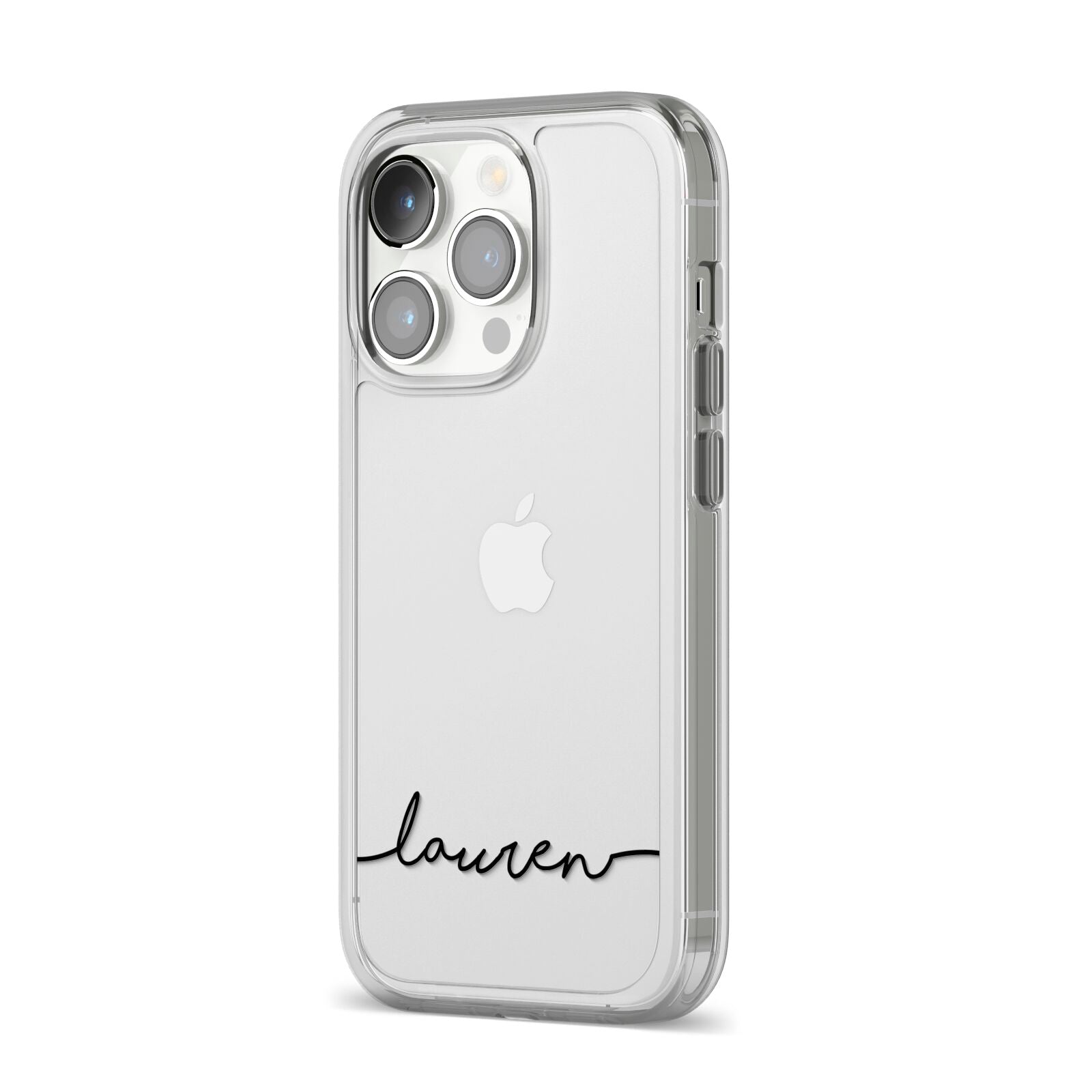 Personalised Black Name Handwriting Clear Custom iPhone 14 Pro Clear Tough Case Silver Angled Image