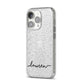 Personalised Black Name Handwriting Clear Custom iPhone 14 Pro Glitter Tough Case Silver Angled Image