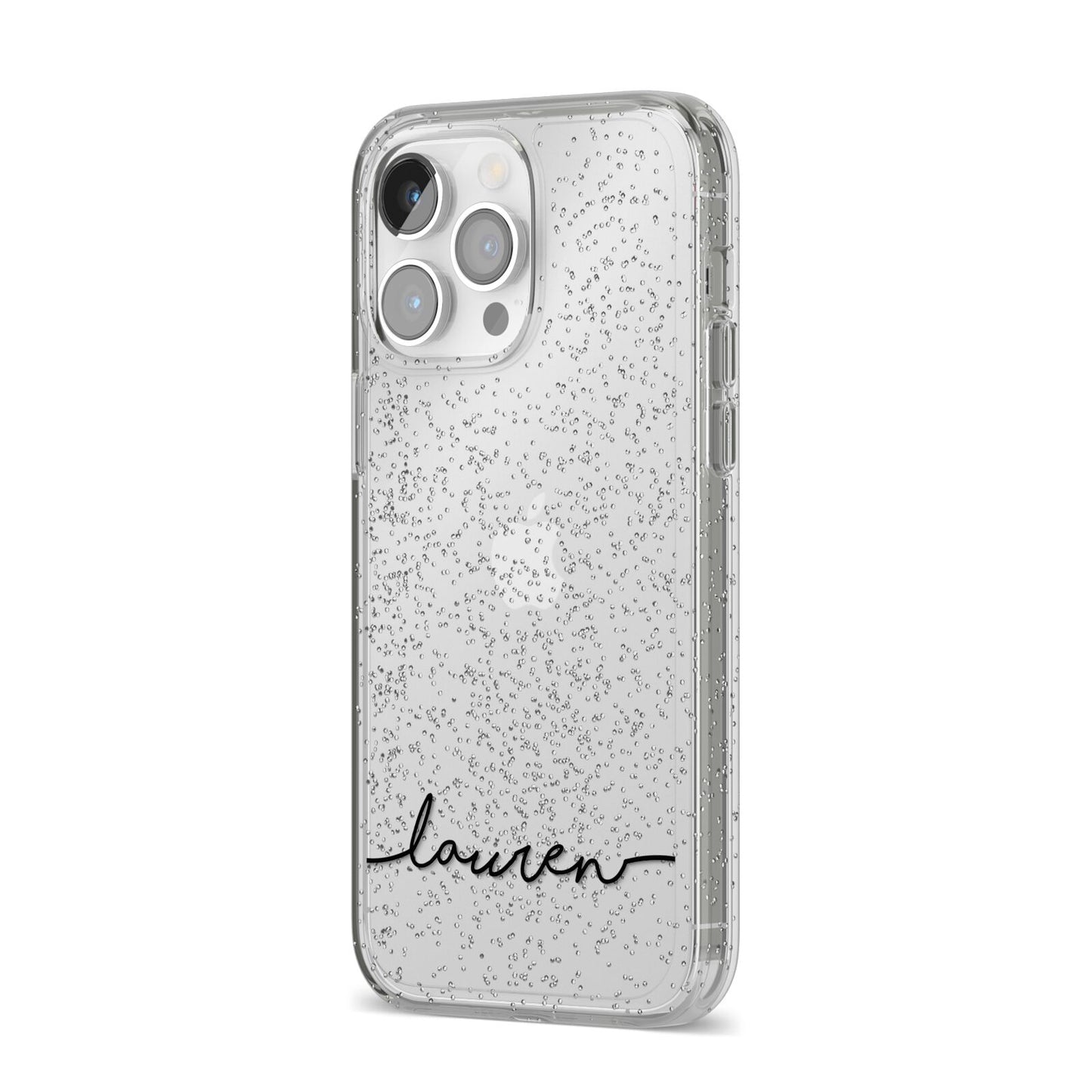 Personalised Black Name Handwriting Clear Custom iPhone 14 Pro Max Glitter Tough Case Silver Angled Image