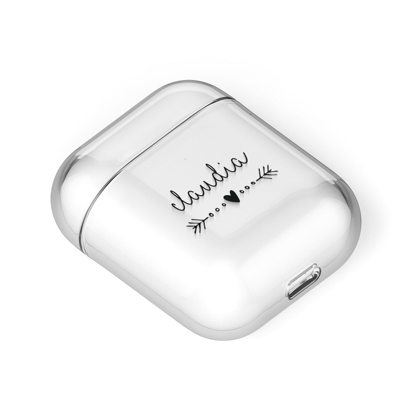 Personalised Black Name Heart Arrow Clear AirPods Case Laid Flat