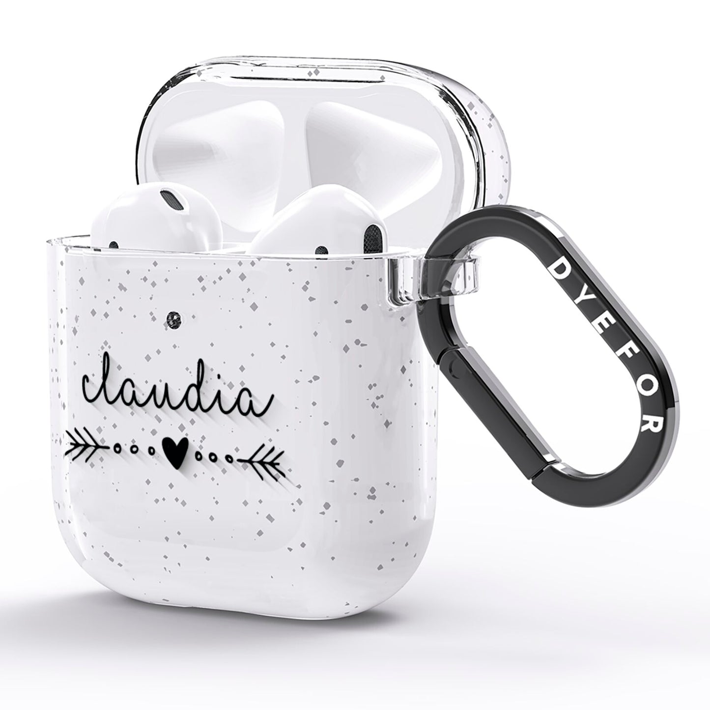 Personalised Black Name Heart Arrow Clear AirPods Glitter Case Side Image