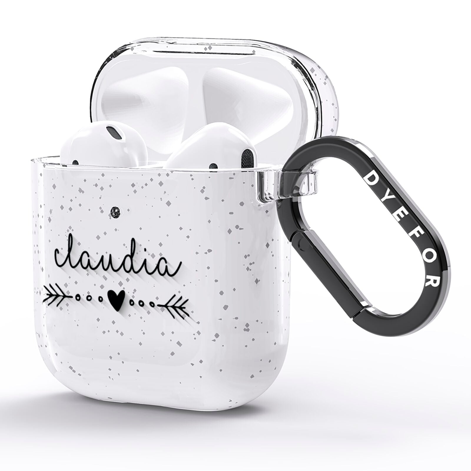Personalised Black Name Heart Arrow Clear AirPods Glitter Case Side Image