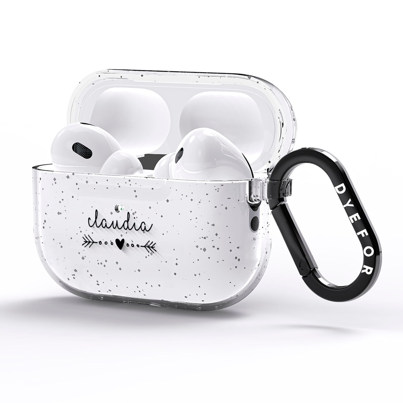 Personalised Black Name Heart Arrow Clear AirPods Pro Glitter Case Side Image