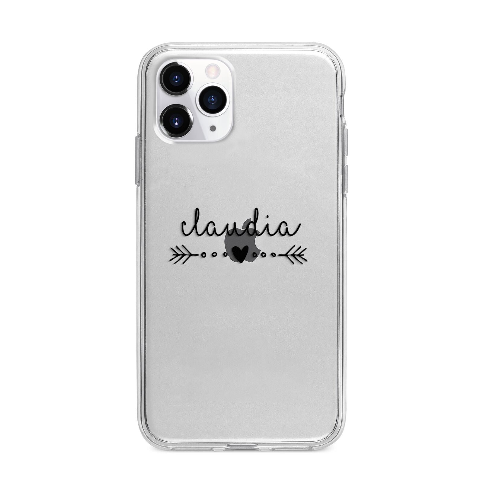 Personalised Black Name Heart Arrow Clear Apple iPhone 11 Pro Max in Silver with Bumper Case