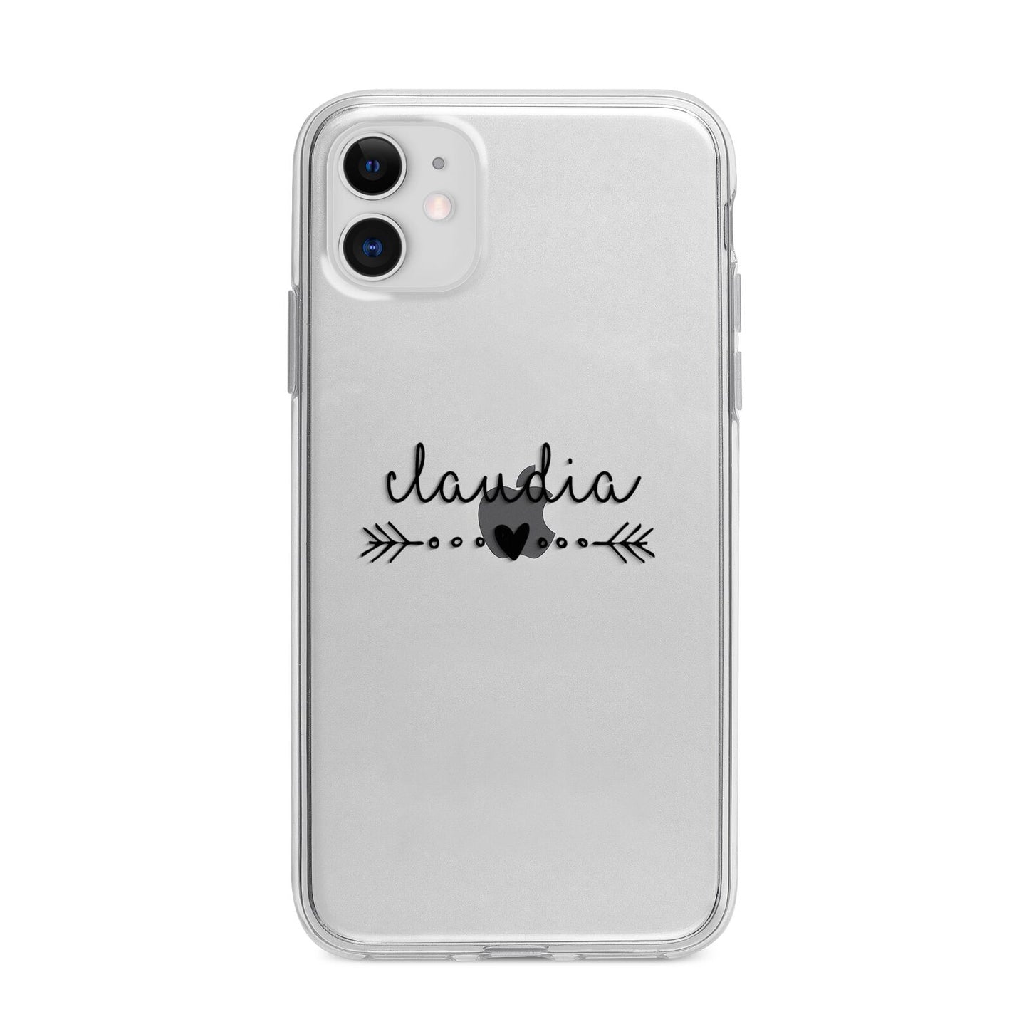 Personalised Black Name Heart Arrow Clear Apple iPhone 11 in White with Bumper Case