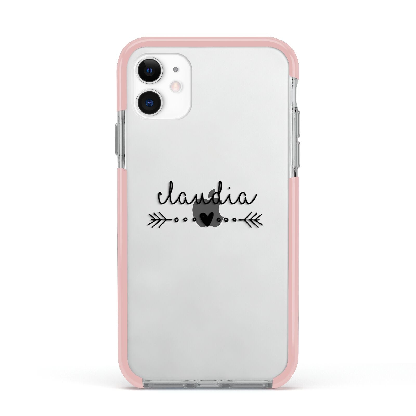 Personalised Black Name Heart Arrow Clear Apple iPhone 11 in White with Pink Impact Case