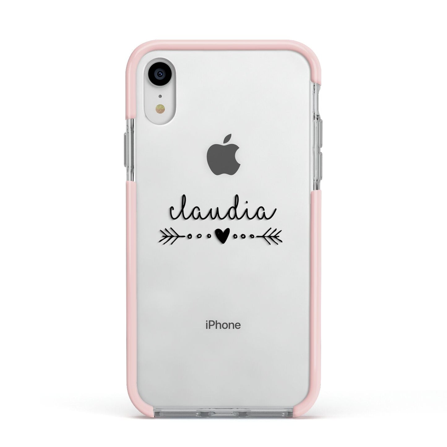 Personalised Black Name Heart Arrow Clear Apple iPhone XR Impact Case Pink Edge on Silver Phone