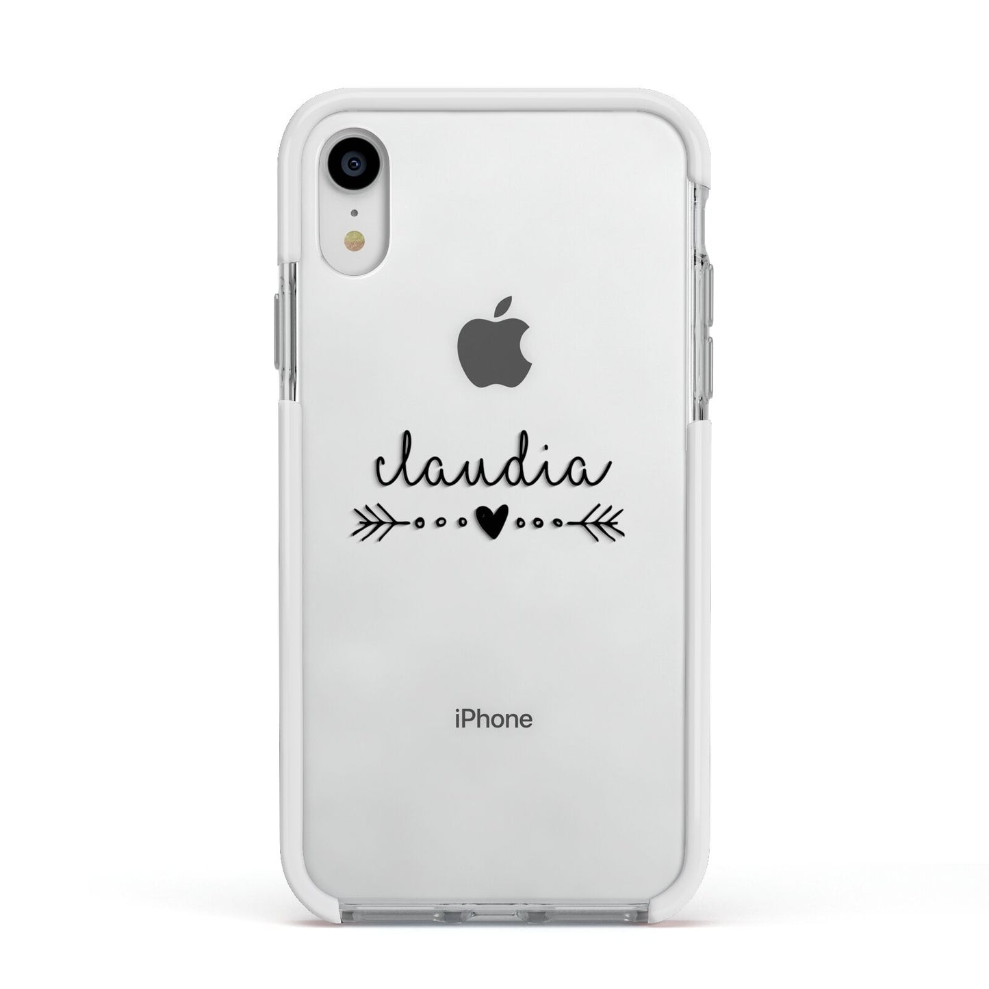 Personalised Black Name Heart Arrow Clear Apple iPhone XR Impact Case White Edge on Silver Phone
