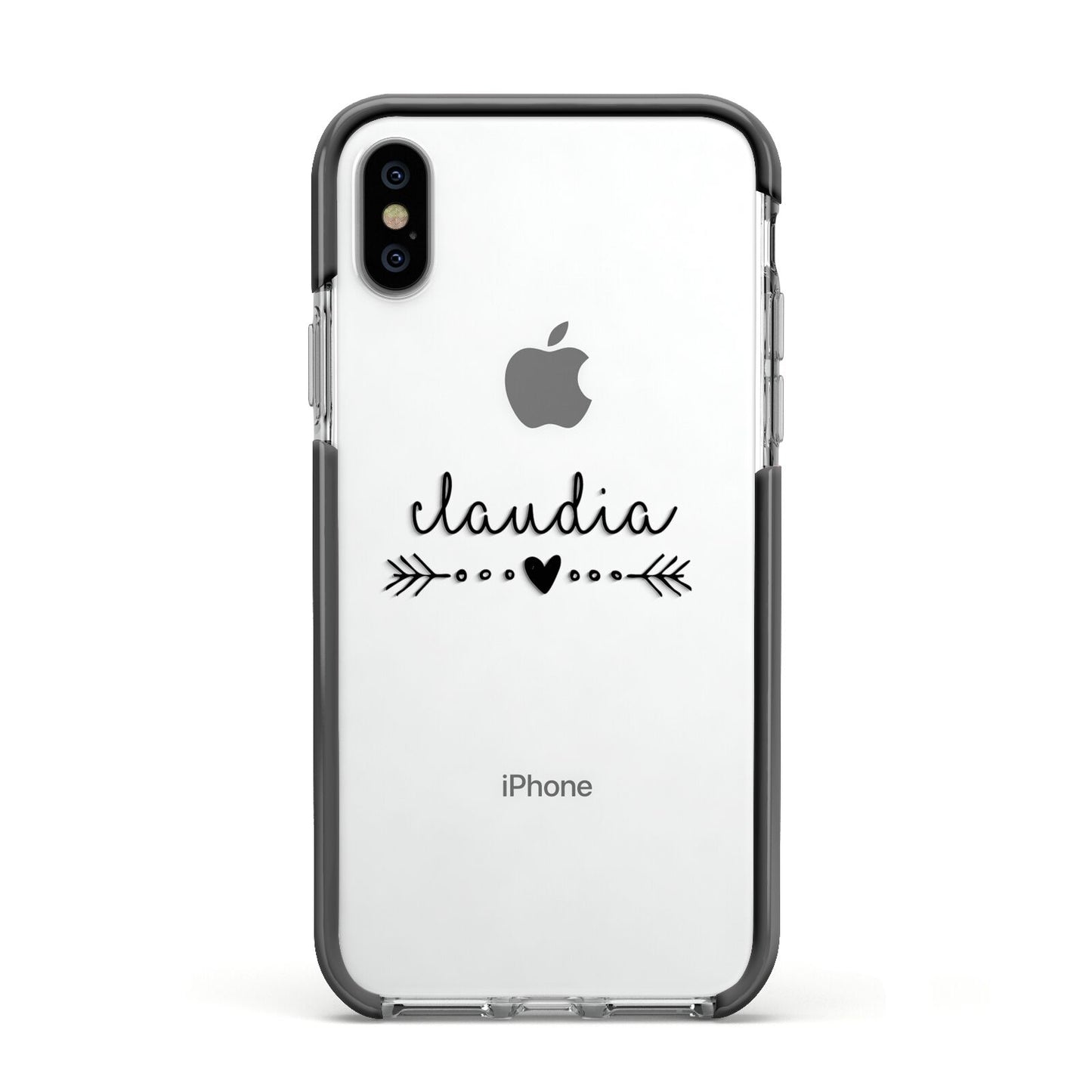 Personalised Black Name Heart Arrow Clear Apple iPhone Xs Impact Case Black Edge on Silver Phone