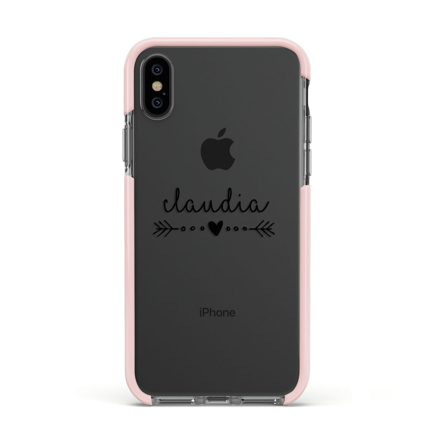 Personalised Black Name Heart Arrow Clear Apple iPhone Xs Impact Case Pink Edge on Black Phone
