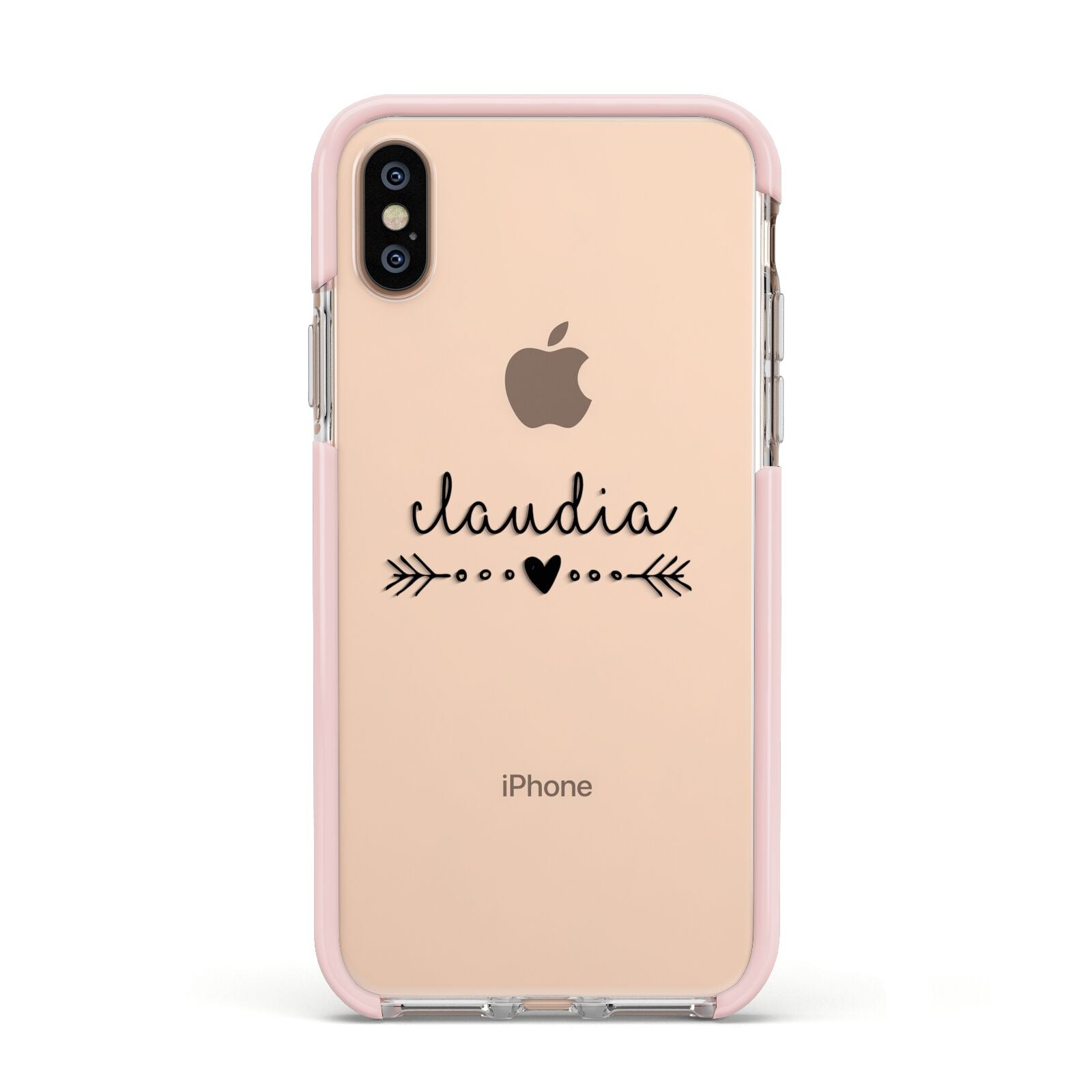 Personalised Black Name Heart Arrow Clear Apple iPhone Xs Impact Case Pink Edge on Gold Phone