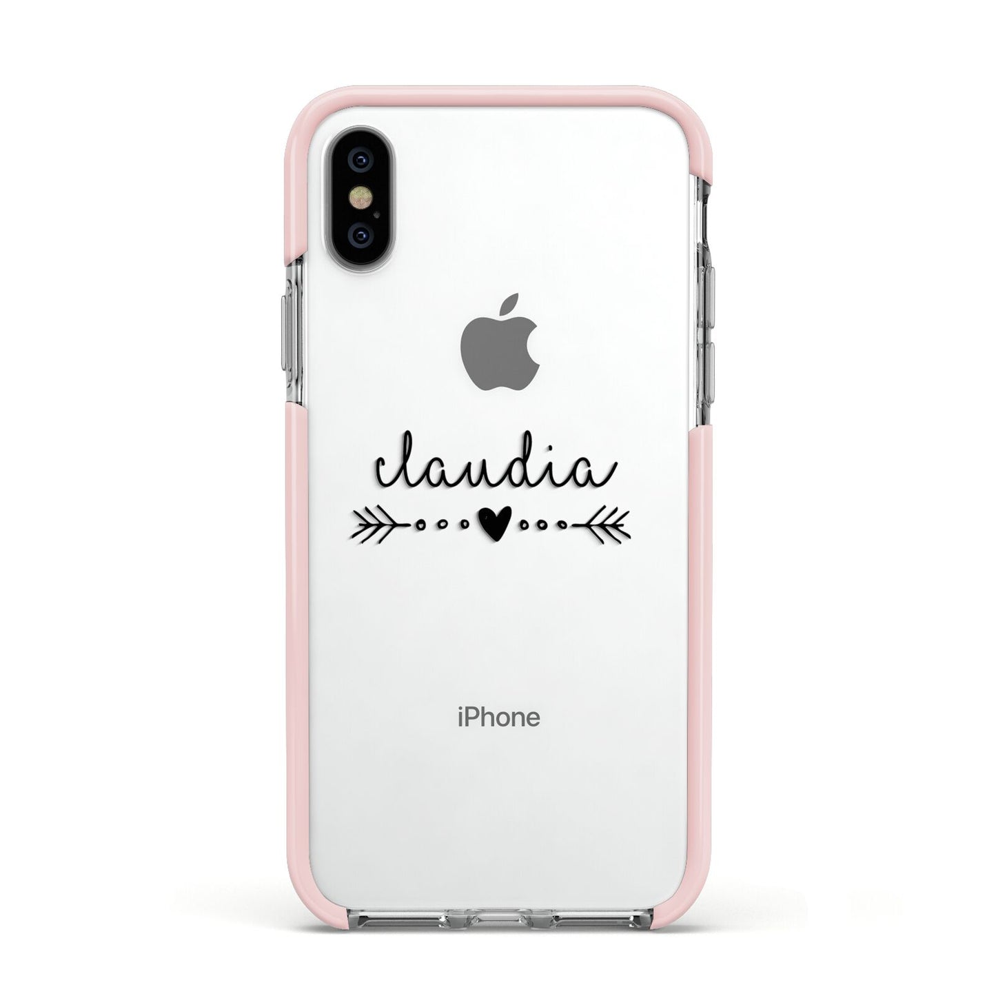 Personalised Black Name Heart Arrow Clear Apple iPhone Xs Impact Case Pink Edge on Silver Phone