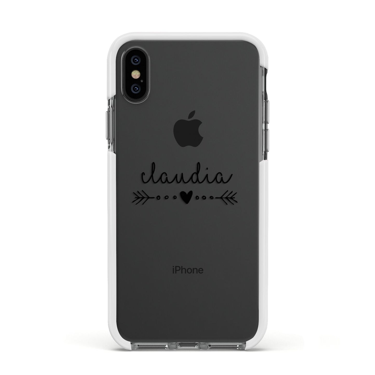 Personalised Black Name Heart Arrow Clear Apple iPhone Xs Impact Case White Edge on Black Phone