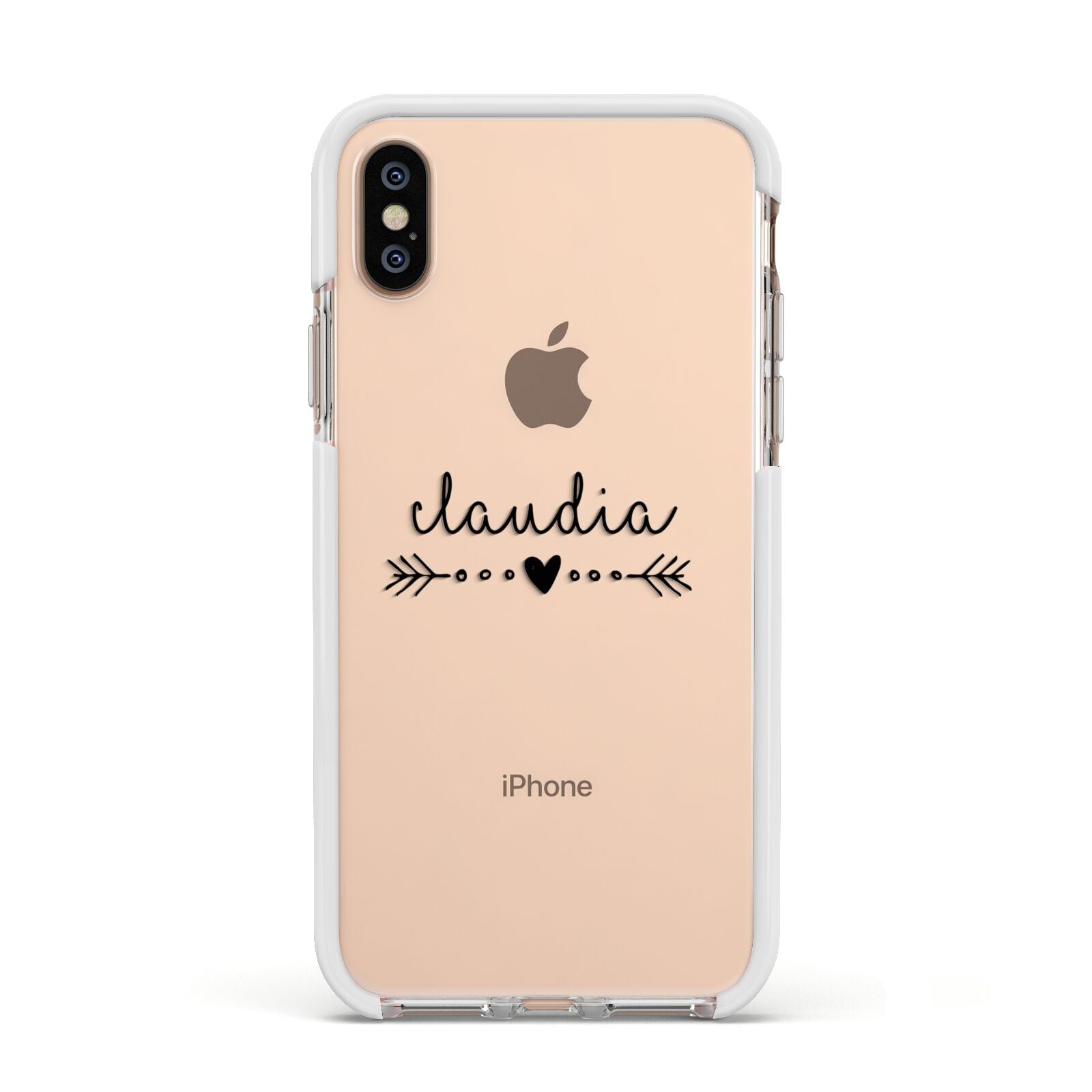 Personalised Black Name Heart Arrow Clear Apple iPhone Xs Impact Case White Edge on Gold Phone