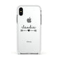 Personalised Black Name Heart Arrow Clear Apple iPhone Xs Impact Case White Edge on Silver Phone