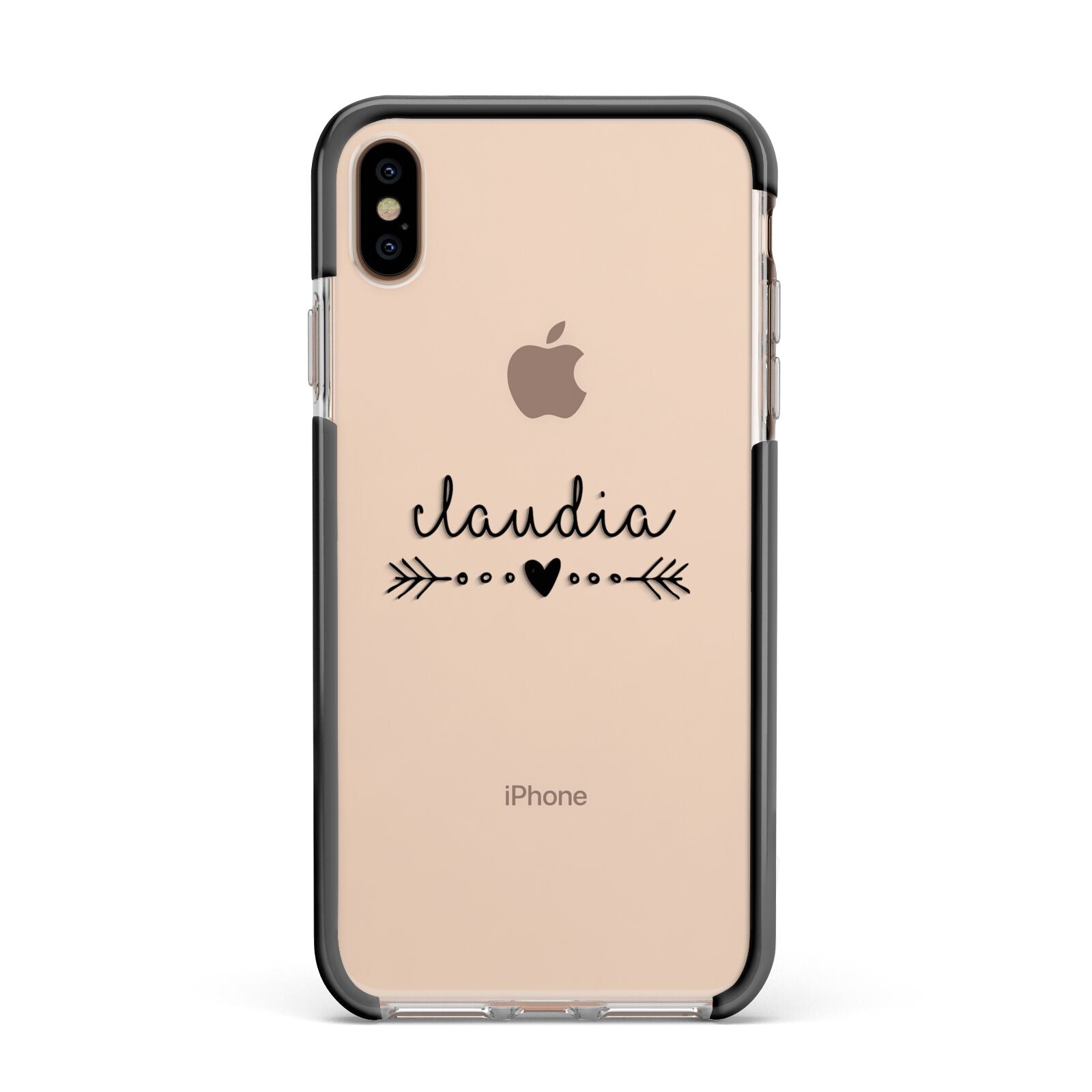 Personalised Black Name Heart Arrow Clear Apple iPhone Xs Max Impact Case Black Edge on Gold Phone
