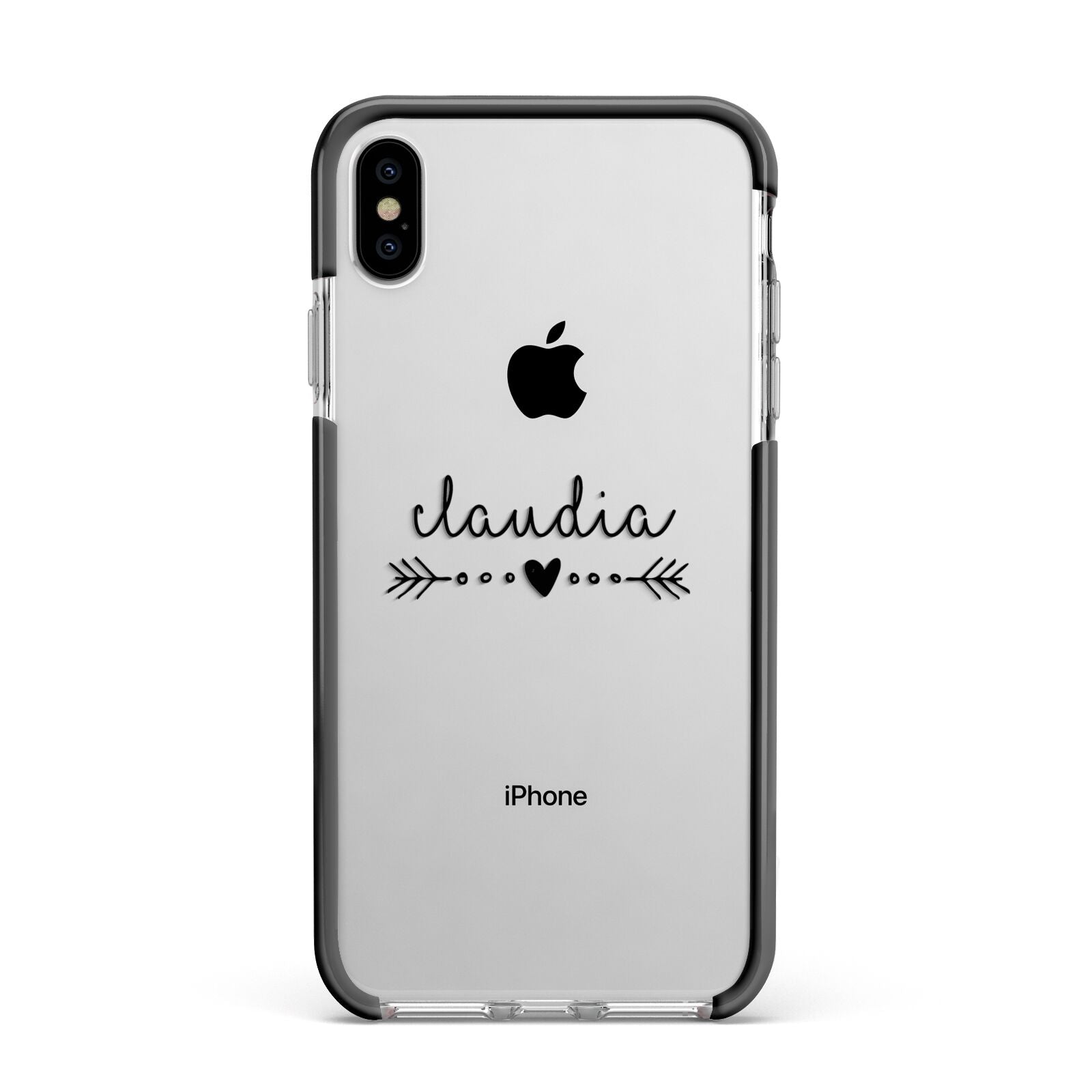 Personalised Black Name Heart Arrow Clear Apple iPhone Xs Max Impact Case Black Edge on Silver Phone