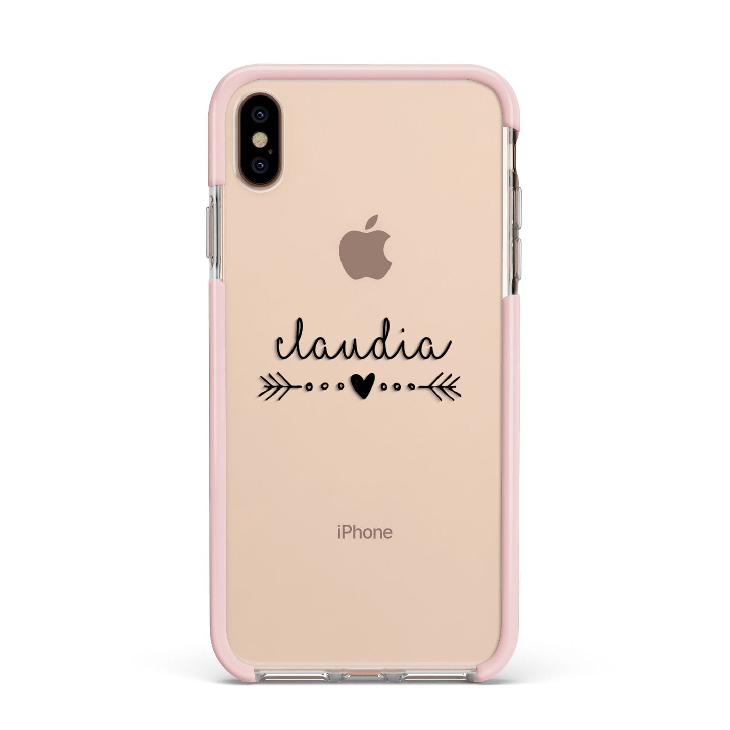 Personalised Black Name Heart Arrow Clear Apple iPhone Xs Max Impact Case Pink Edge on Gold Phone
