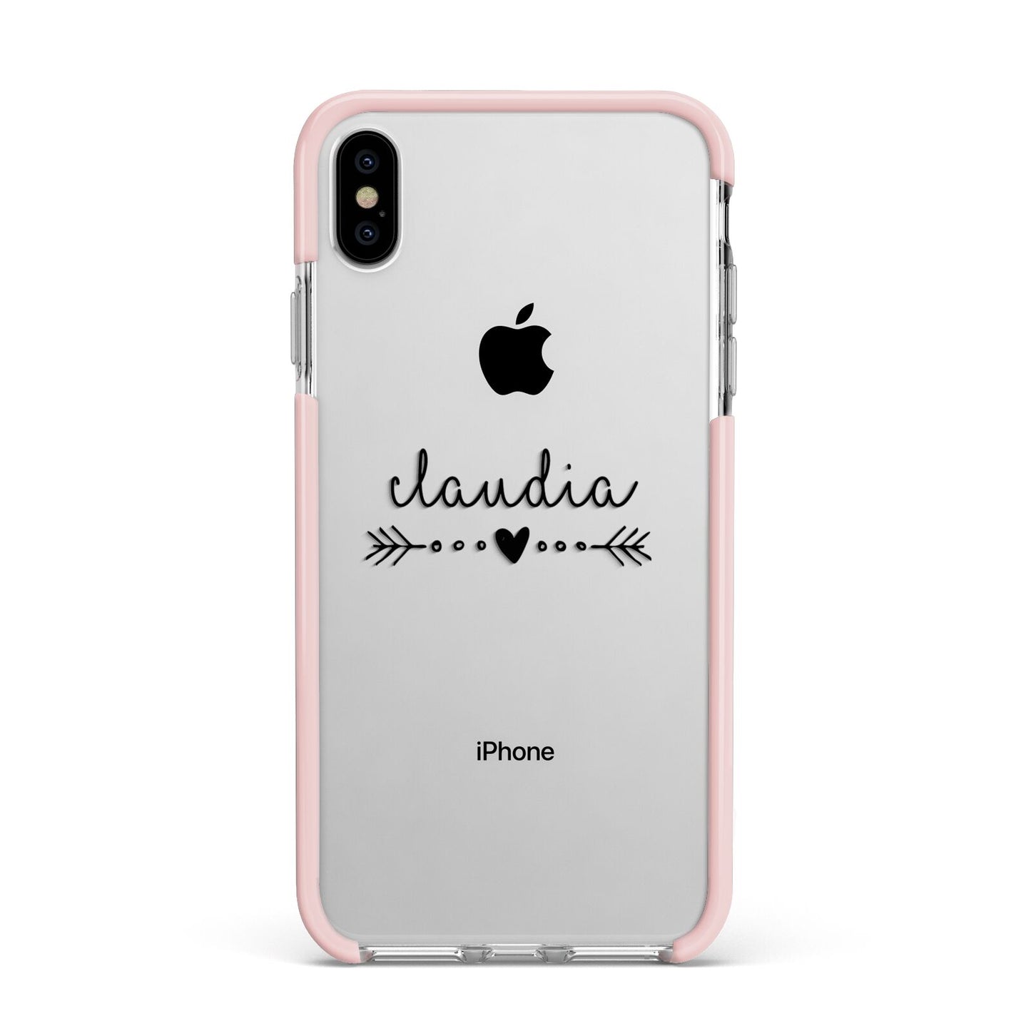 Personalised Black Name Heart Arrow Clear Apple iPhone Xs Max Impact Case Pink Edge on Silver Phone
