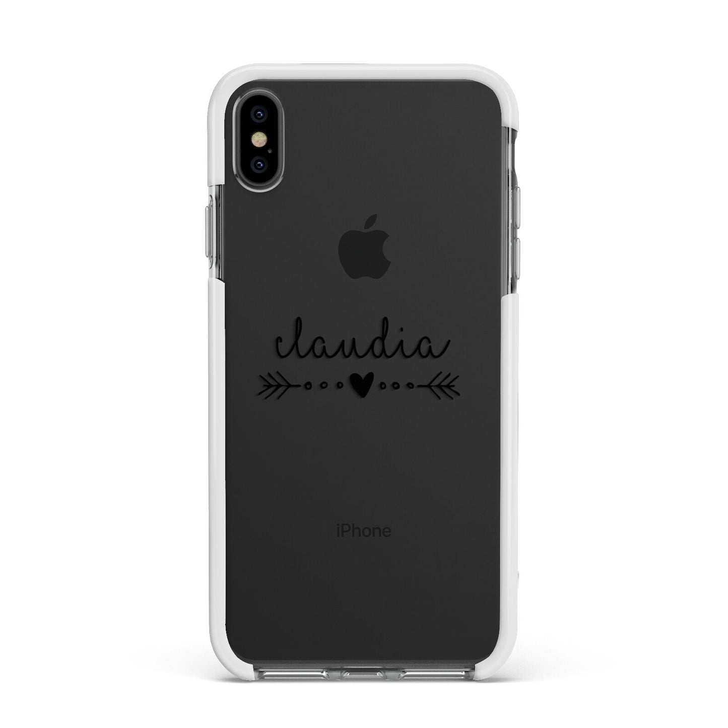 Personalised Black Name Heart Arrow Clear Apple iPhone Xs Max Impact Case White Edge on Black Phone