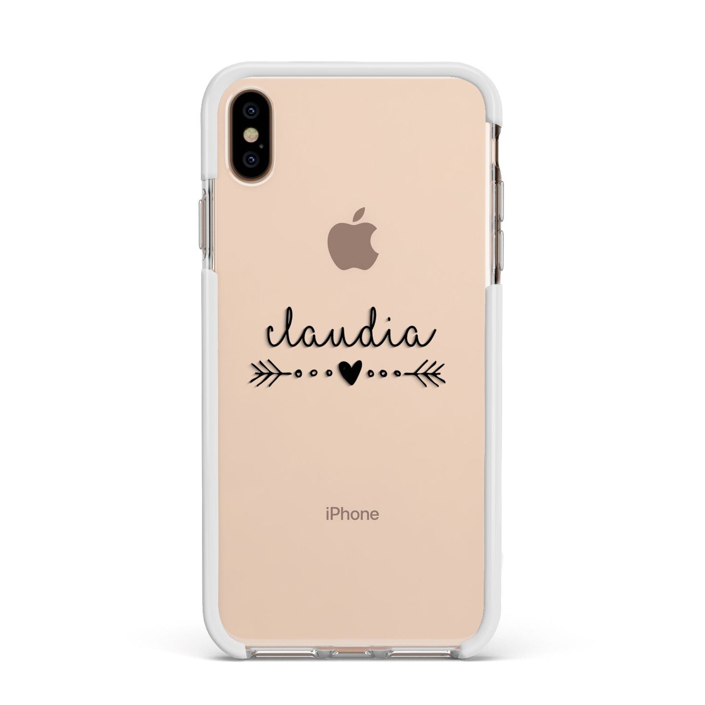 Personalised Black Name Heart Arrow Clear Apple iPhone Xs Max Impact Case White Edge on Gold Phone