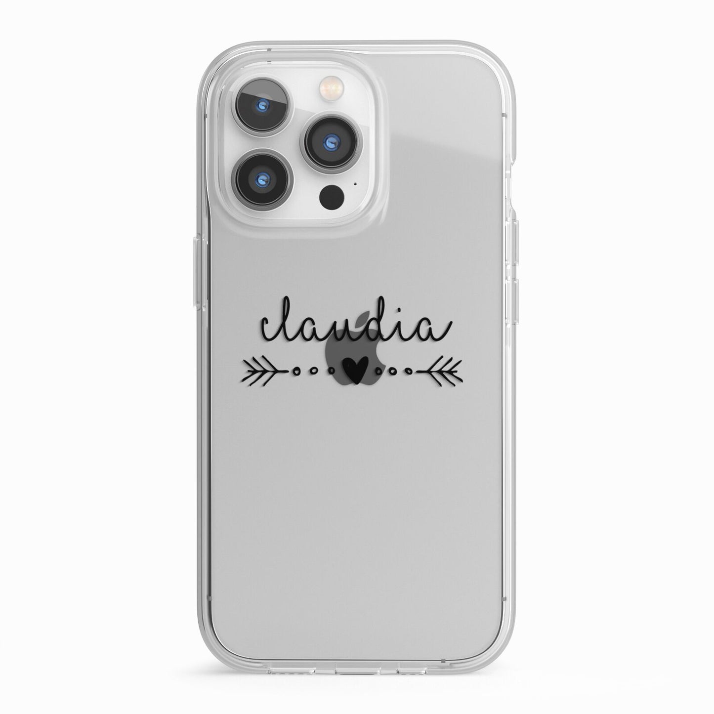 Personalised Black Name Heart Arrow Clear iPhone 13 Pro TPU Impact Case with White Edges