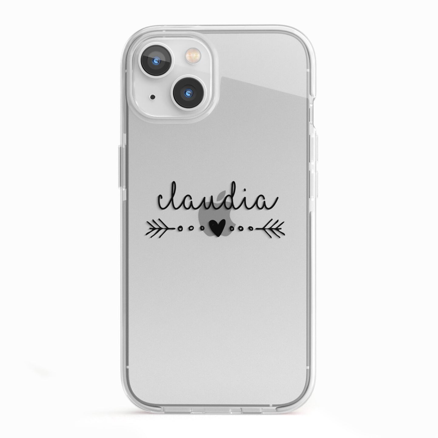 Personalised Black Name Heart Arrow Clear iPhone 13 TPU Impact Case with White Edges