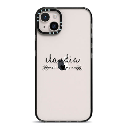 Personalised Black Name Heart Arrow Clear iPhone 14 Plus Black Impact Case on Silver phone