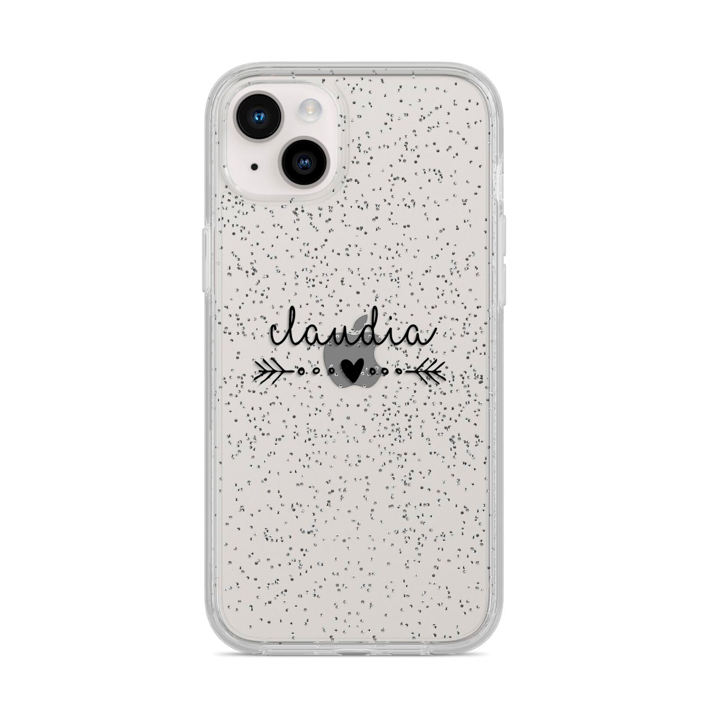 Personalised Black Name Heart Arrow Clear iPhone 14 Plus Glitter Tough Case Starlight