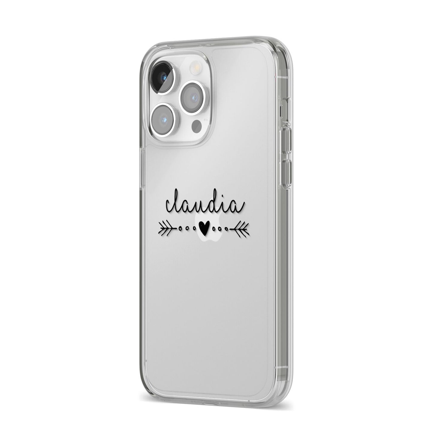 Personalised Black Name Heart Arrow Clear iPhone 14 Pro Max Clear Tough Case Silver Angled Image