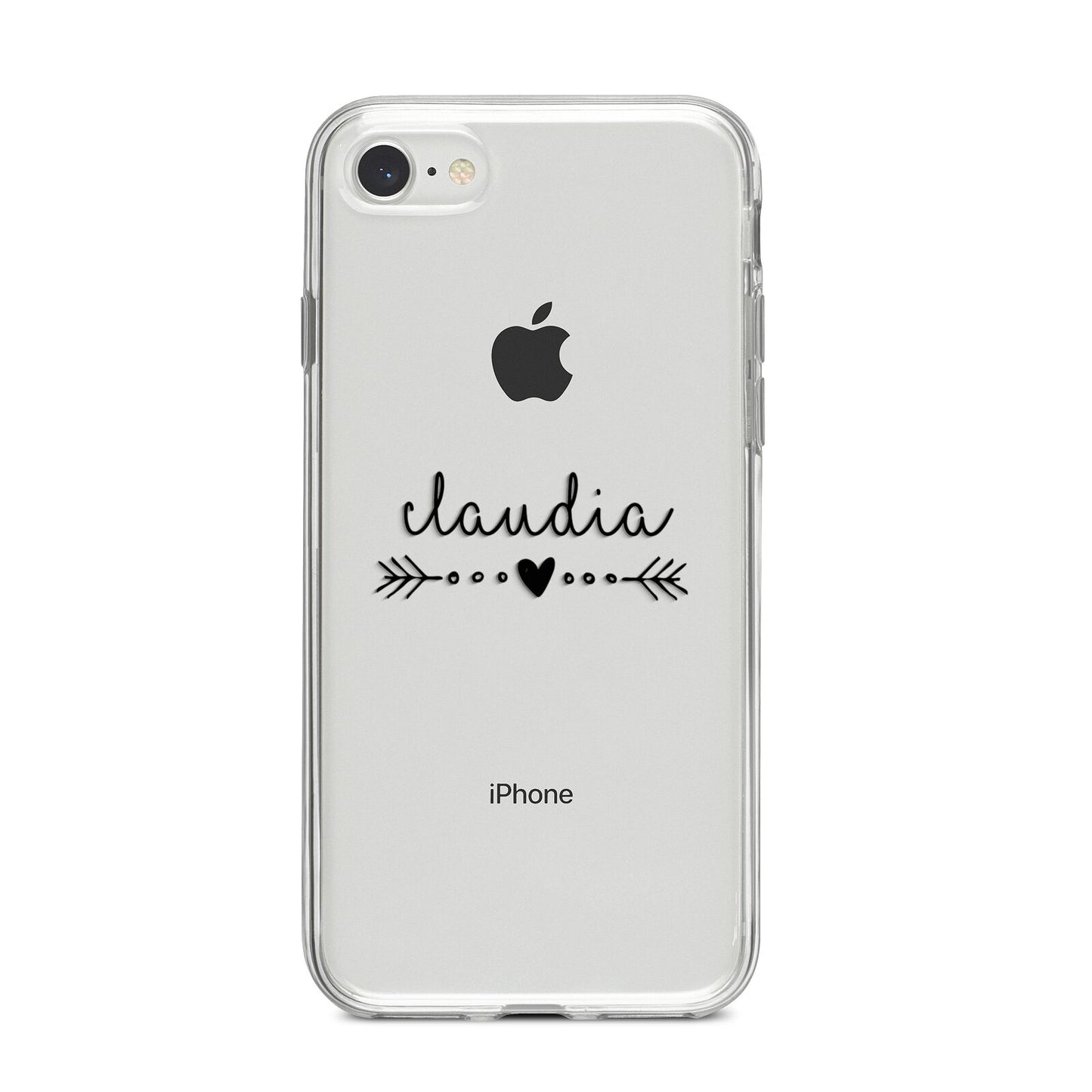Personalised Black Name Heart Arrow Clear iPhone 8 Bumper Case on Silver iPhone