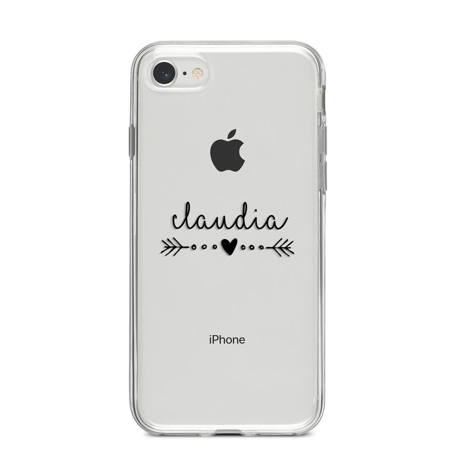 Personalised Black Name Heart Arrow Clear iPhone 8 Bumper Case on Silver iPhone