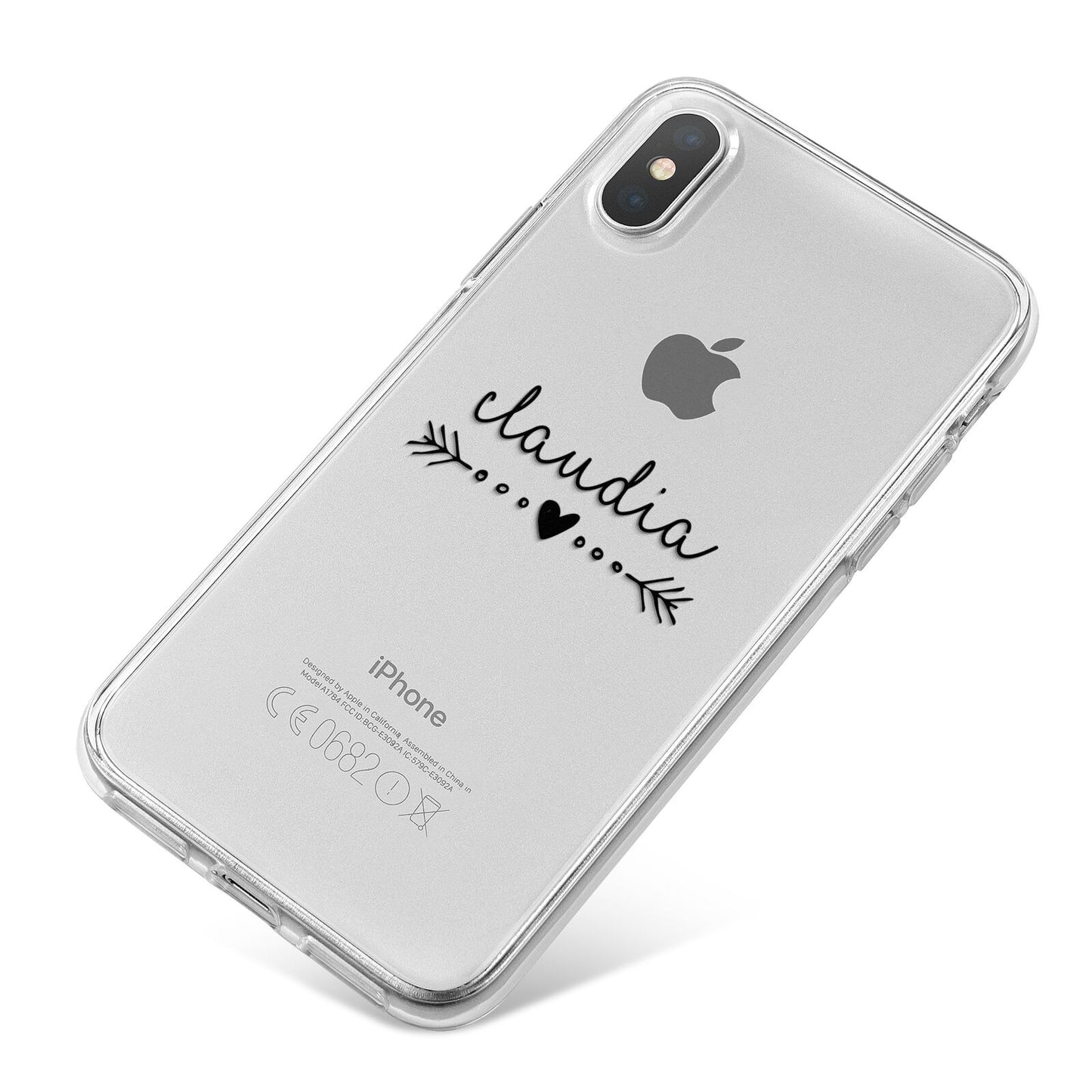 Personalised Black Name Heart Arrow Clear iPhone X Bumper Case on Silver iPhone