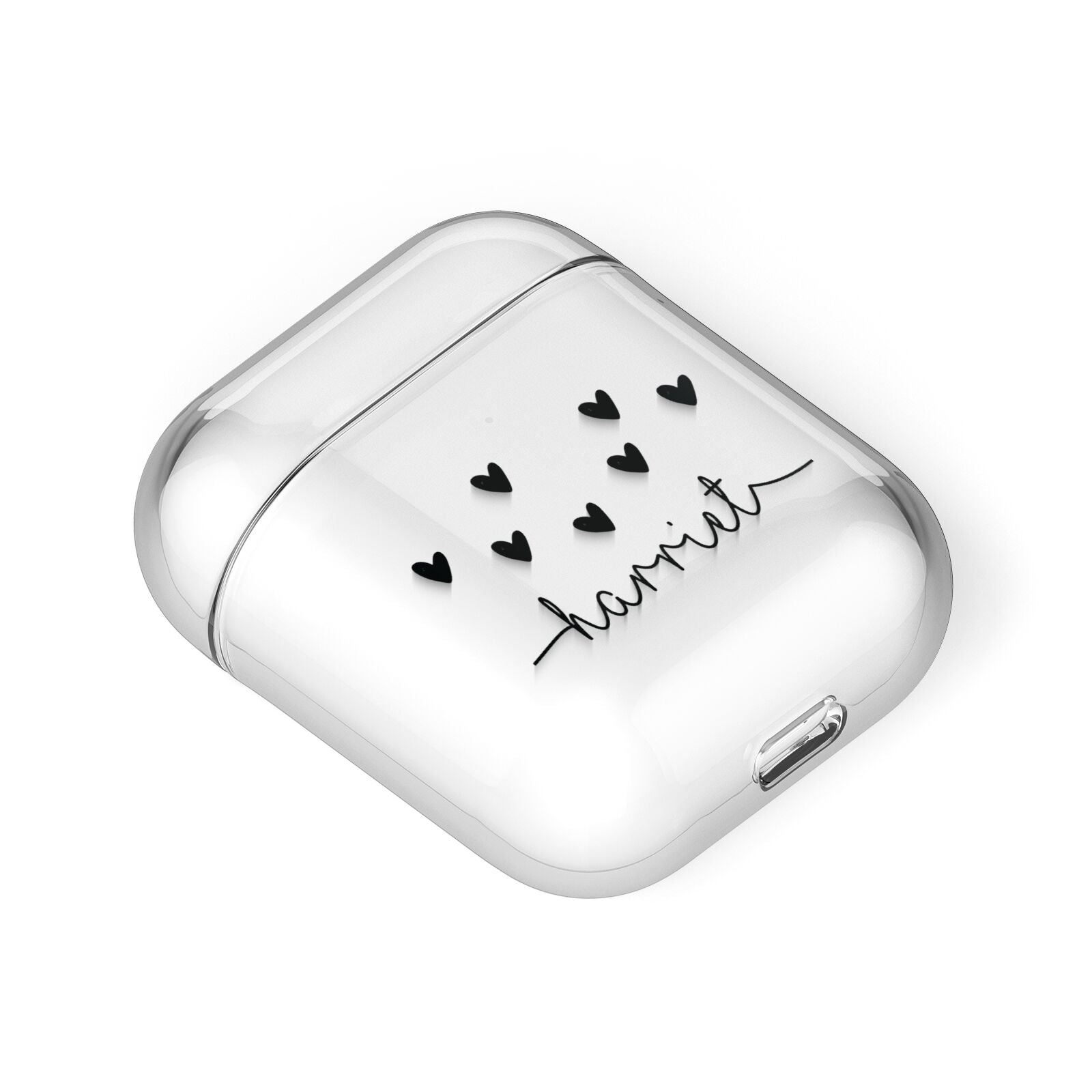 Personalised Black Name Love Hearts Clear AirPods Case Laid Flat