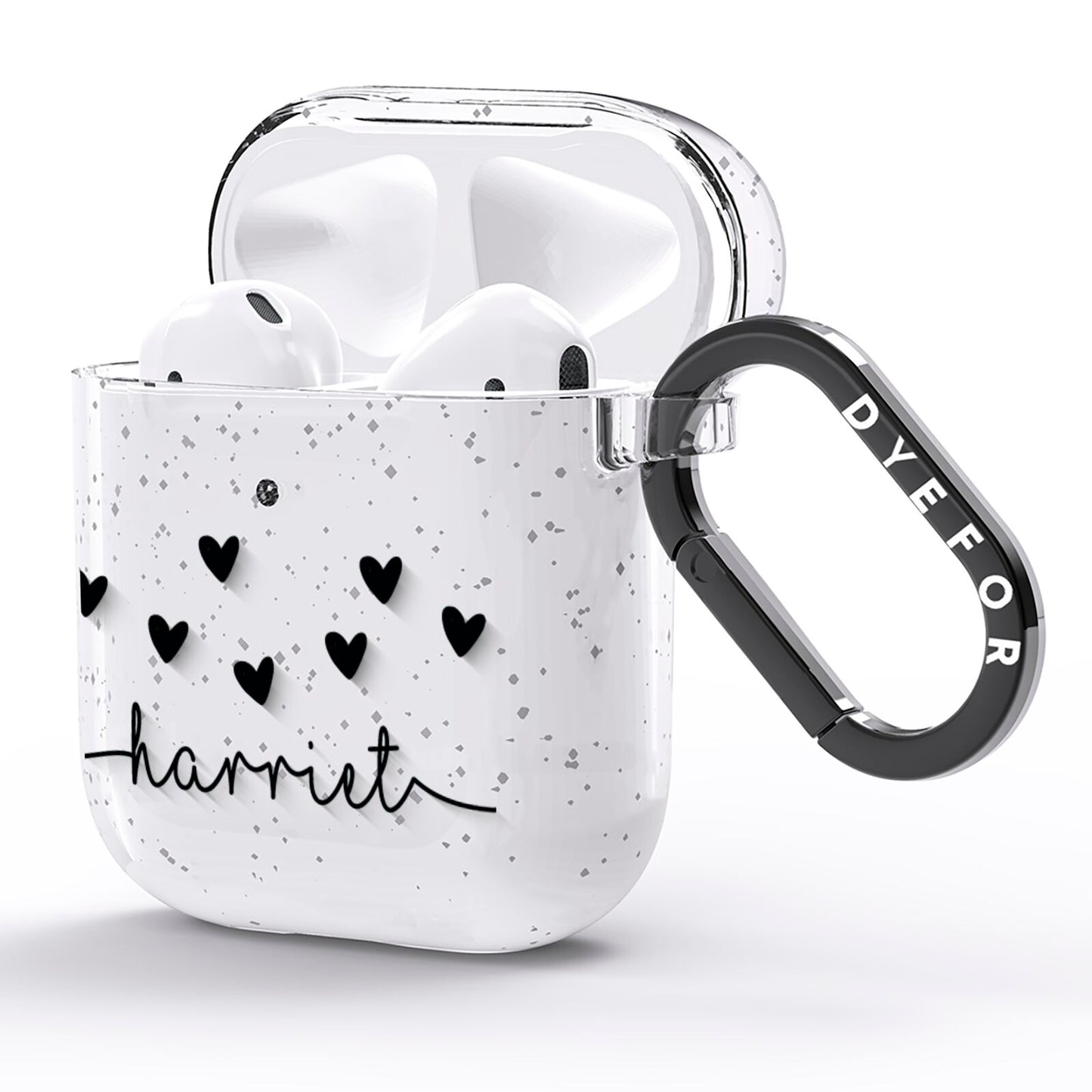 Personalised Black Name Love Hearts Clear AirPods Glitter Case Side Image