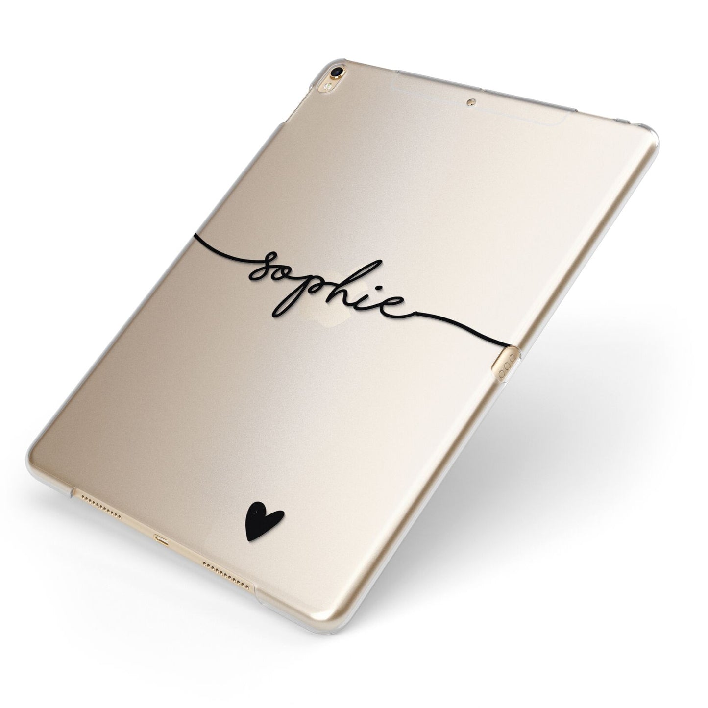 Personalised Black Name One Heart Clear Apple iPad Case on Gold iPad Side View