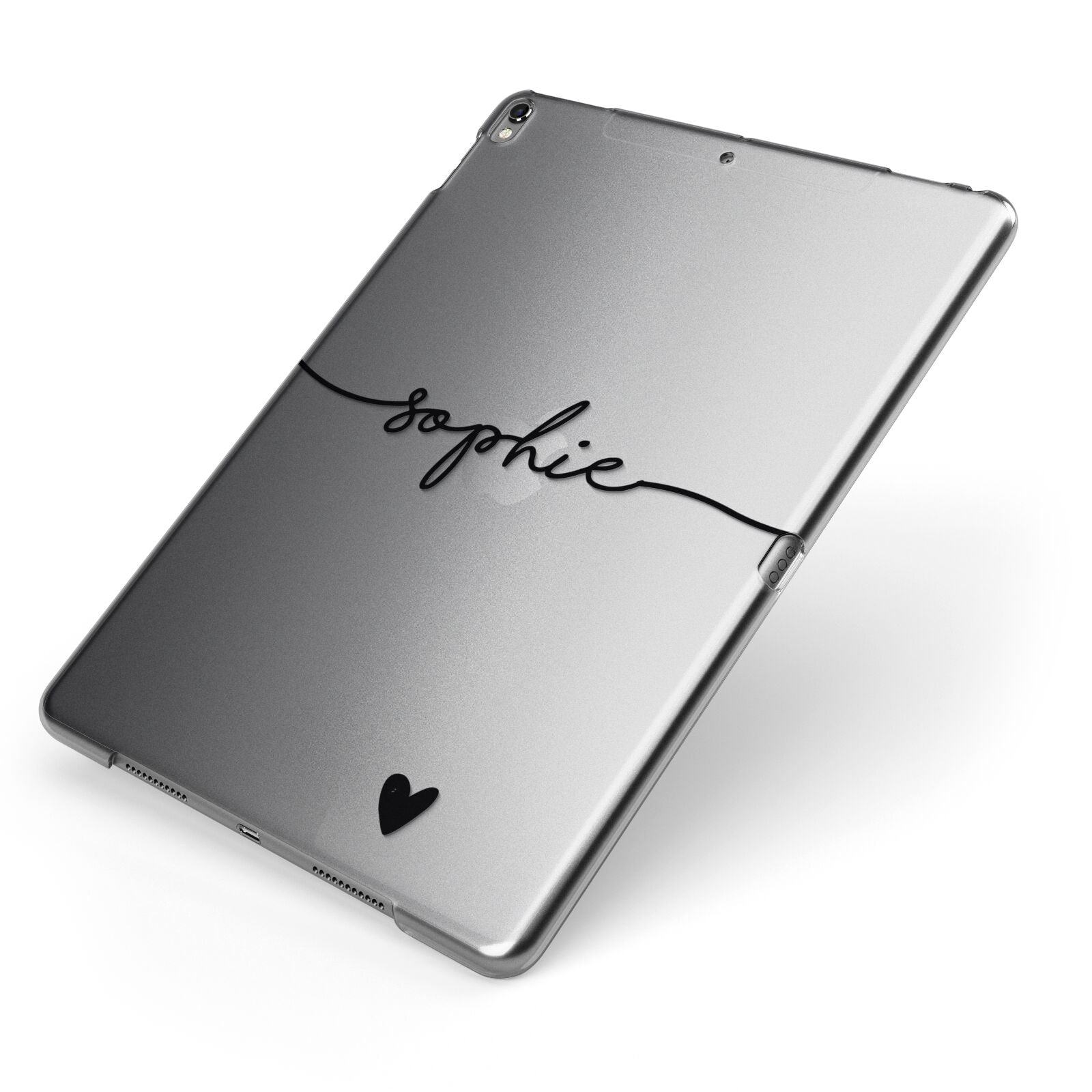 Personalised Black Name One Heart Clear Apple iPad Case on Grey iPad Side View