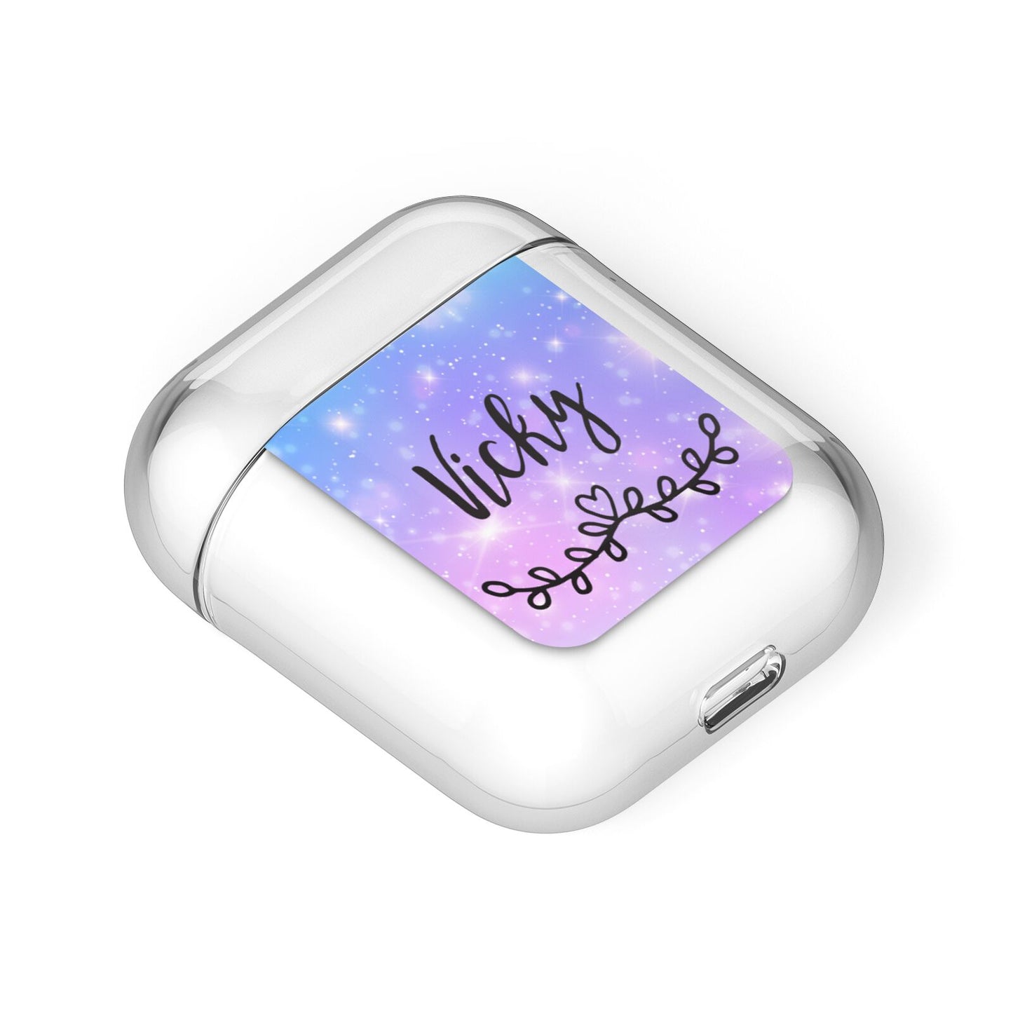 Personalised Black Name Purple Unicorn Marble AirPods Case Laid Flat