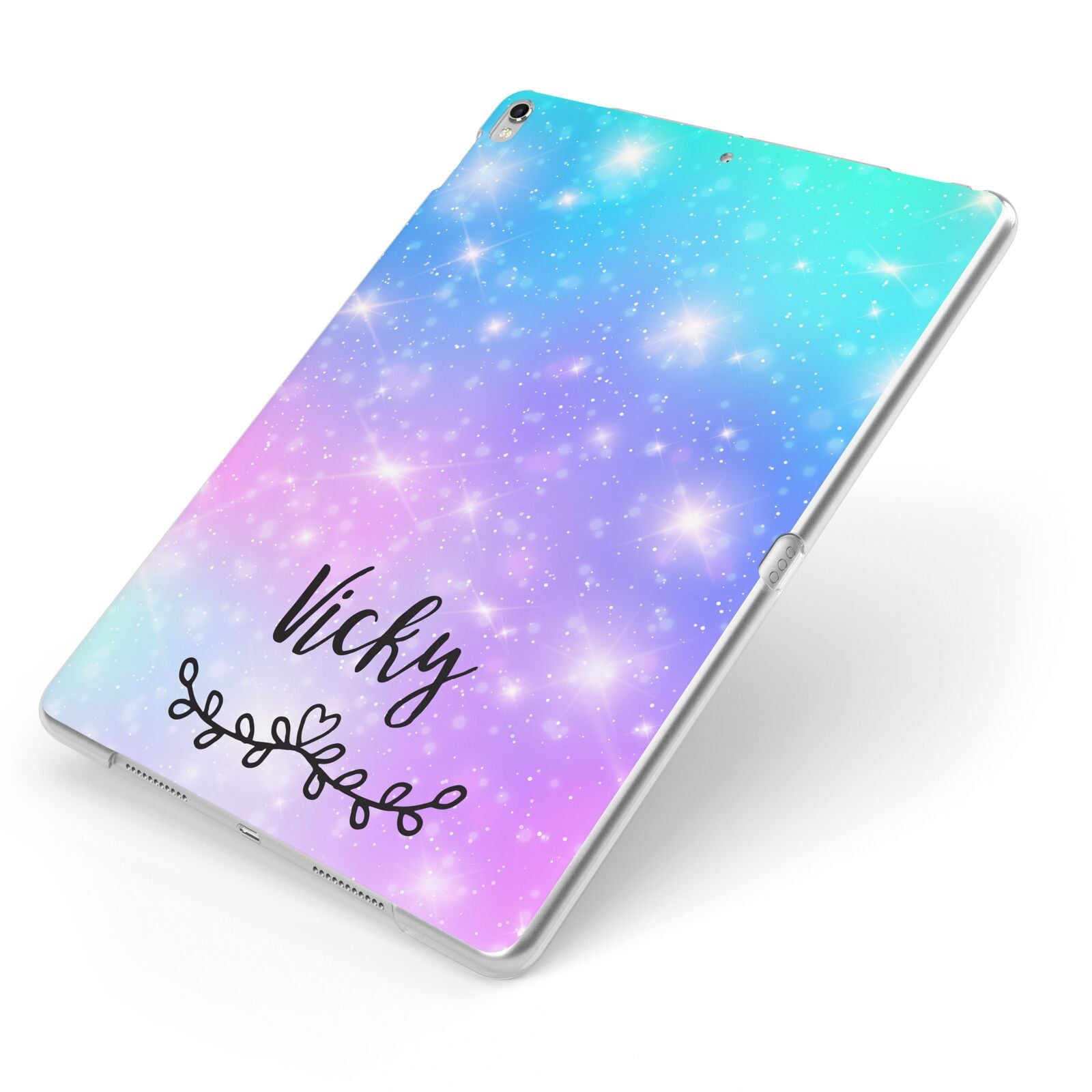 Personalised Black Name Purple Unicorn Marble Apple iPad Case on Silver iPad Side View